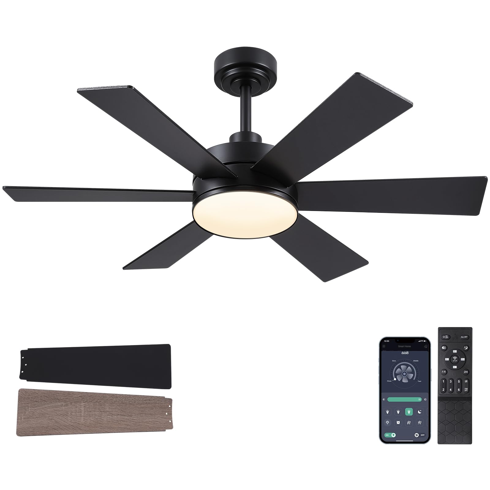 42 Inch Ceiling Fans With Lights, Black Ceiling Fan With Remote App, Dual Sided Modern/Rustic 6 Blades, Reversible, 3Cct, Sloped