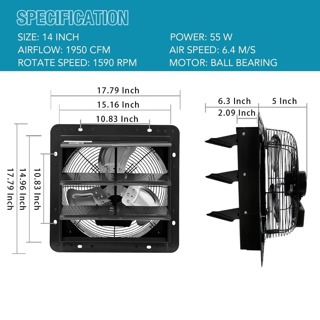 Ventisol 14 Inch Shutter Exhaust Fan Wall Mounted, Aluminum Blades, With 1.65 Meters Power Cord Kit, Max.1950Cfm, Ventilation Fa