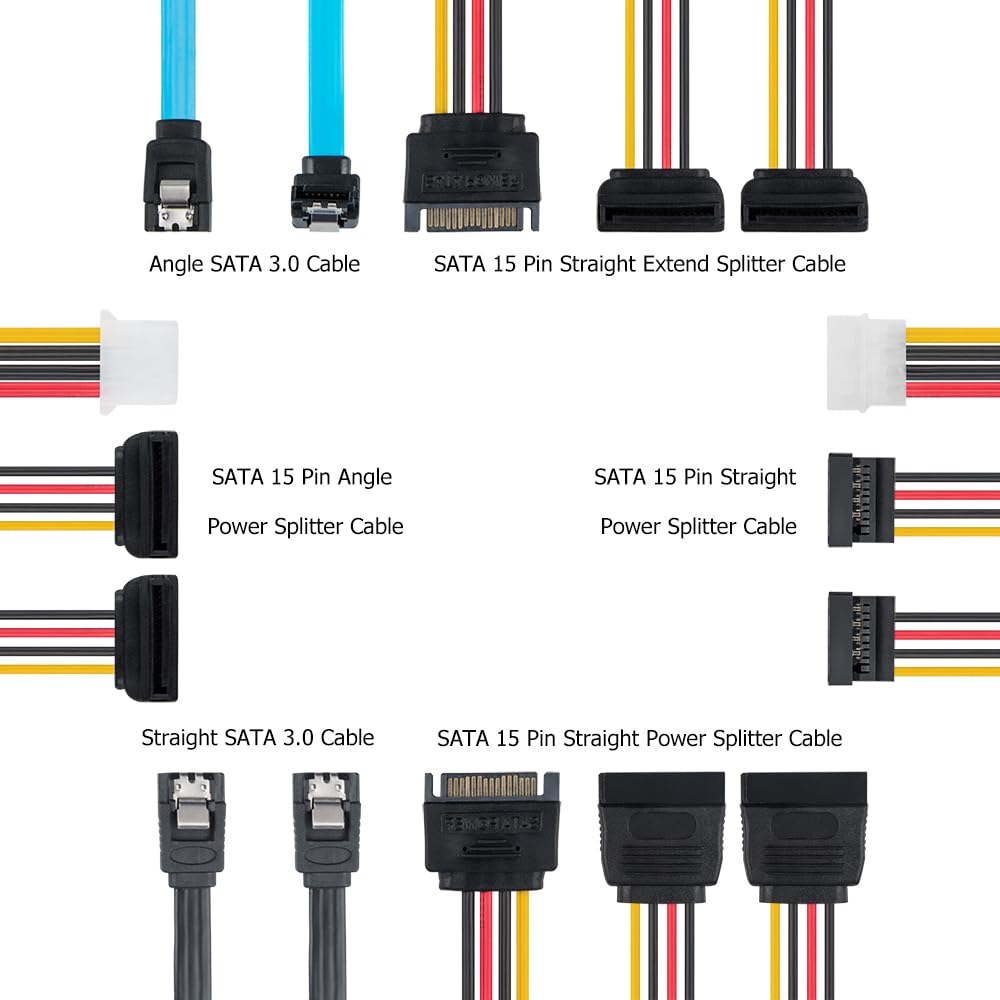 Findtop Set Of 6, Sata Power Splitter Cord And Sata Iii Cable 6.0 Gbps, Straight And 90 Degree Sata 3.0 Cable, Sata 15 Pin Male