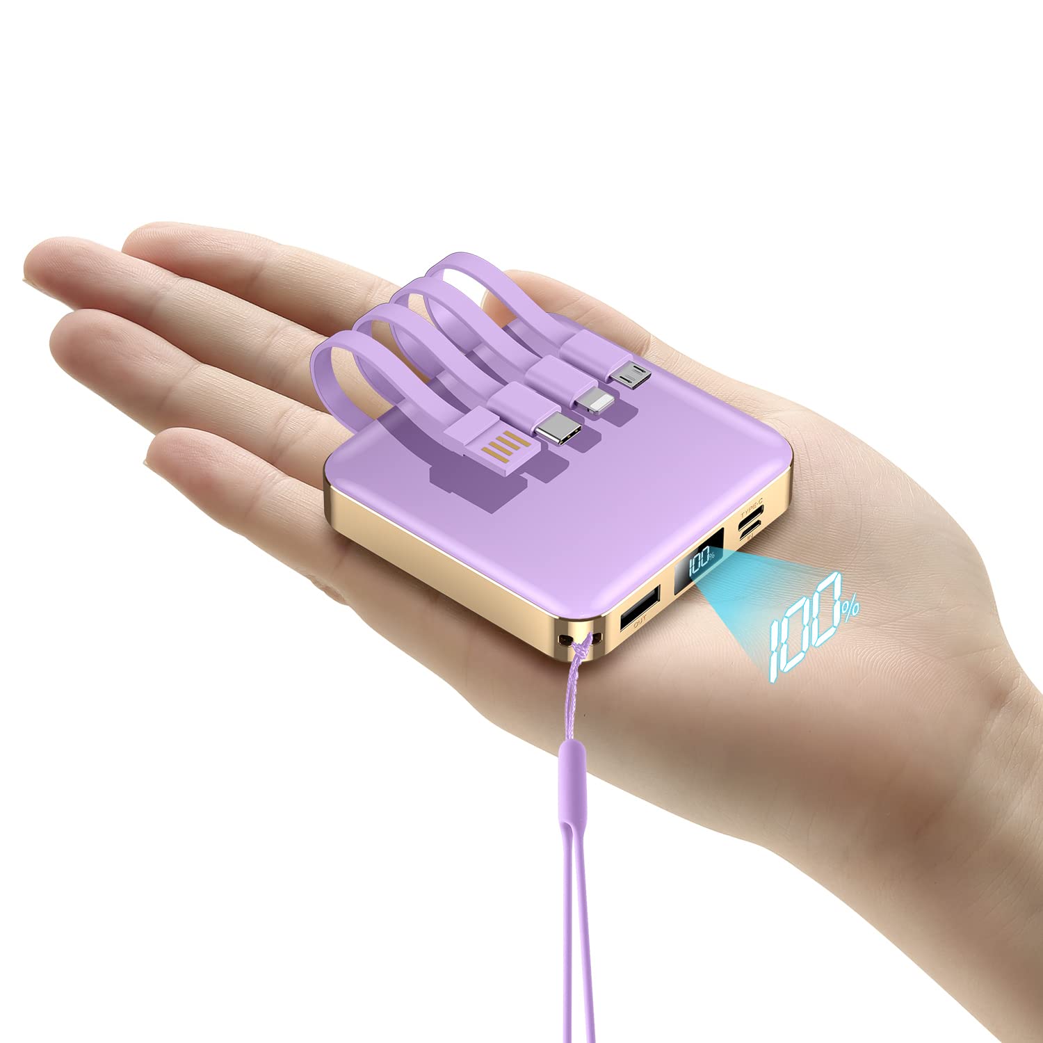 Ummz 12000Mah Small Power Bank,Mini Portable Charger Built In 4 Cables,Usb C Input/Output With Smart Led Display,External Batter