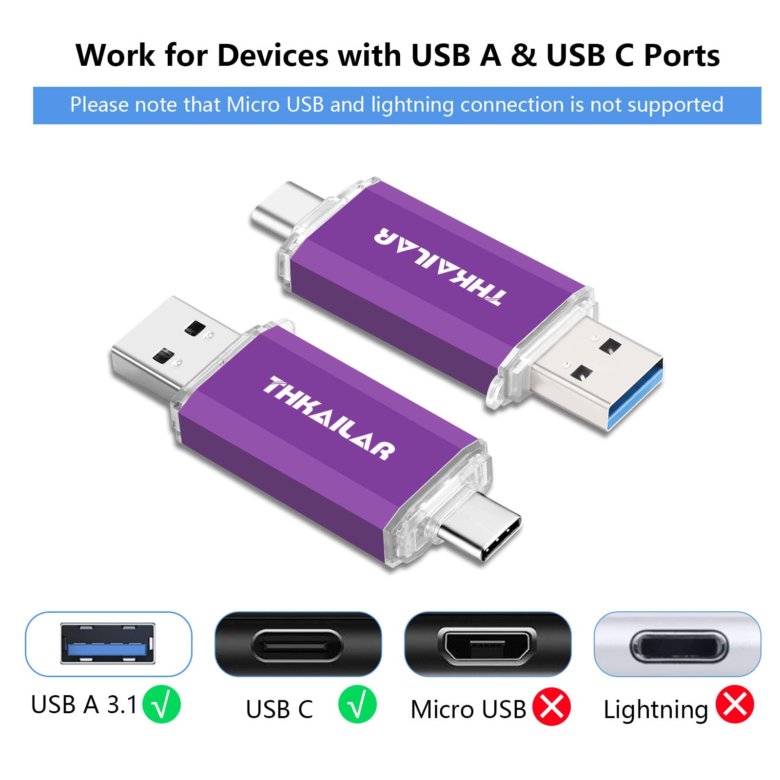 Thkailar 1Tb Usb C Flash Drive 3.1 Usb A And Usb C Ports,Thumb Drive For Pc, Android Phones, Macbook, Laptop (Purple)