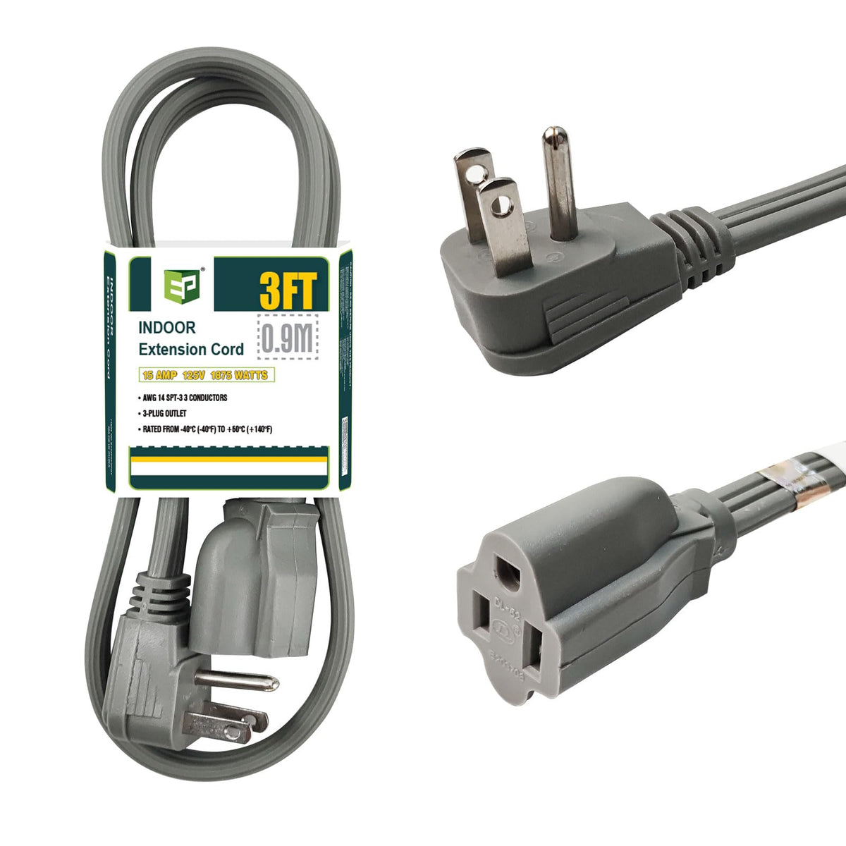 Ep 3 Ft Heavy Duty Appliance Extension Cord   14 Gauge 3 Prong Spt 3 Cable Wire, Ideal For Air Conditioners, Refrigerators, And 