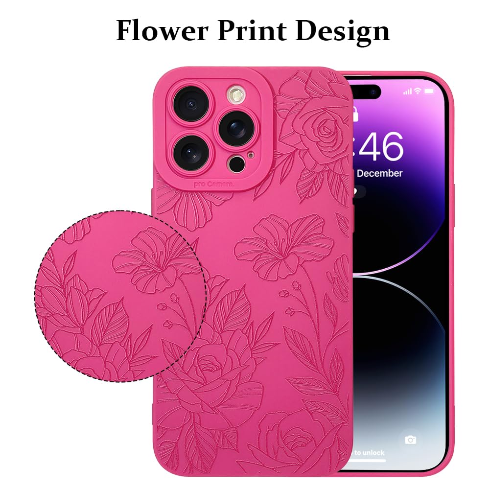 Lsl Case For Iphone 14 Pro Max Hot Pink Floral Flower Pattern Print Case Soft Tpu Full Camera Lens Anti Drop Anti Scratch Shockp