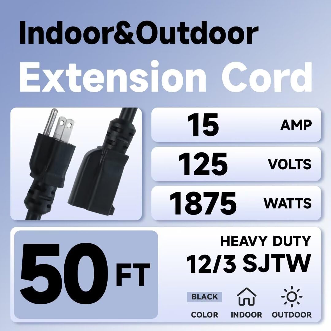 Fnxpow Indoor Outdoor Extension Cord, 12 Gauge 3 Prong Weatherproof Heavy Duty Black Extension Cords,12/3 Sjtw 15A 50 Ft Extensi