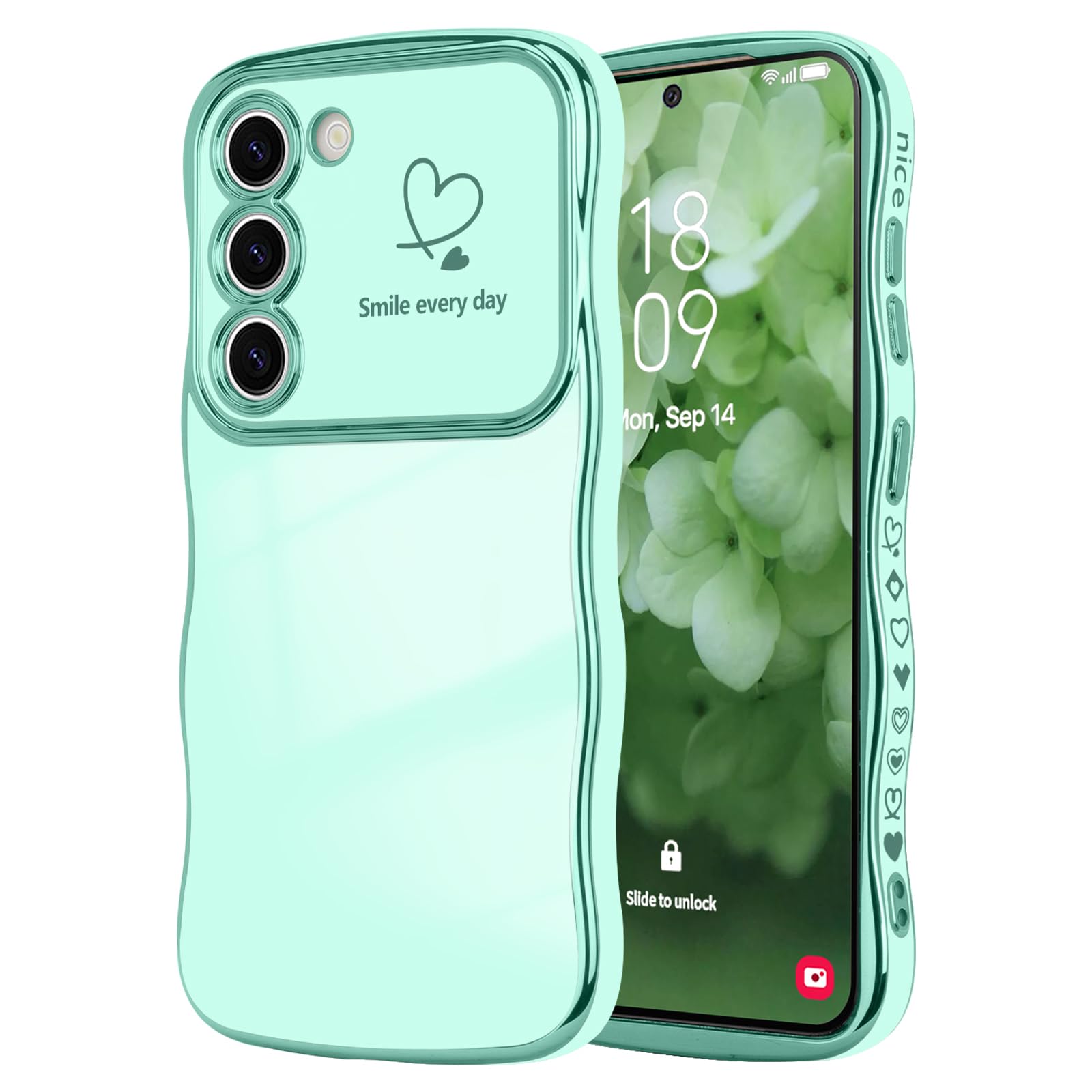 Lchulle For Samsung Galaxy S23 Case For Women Girls, Cute Wave Frame Curly Shape With Love Heart Raised Camera Protection Cover