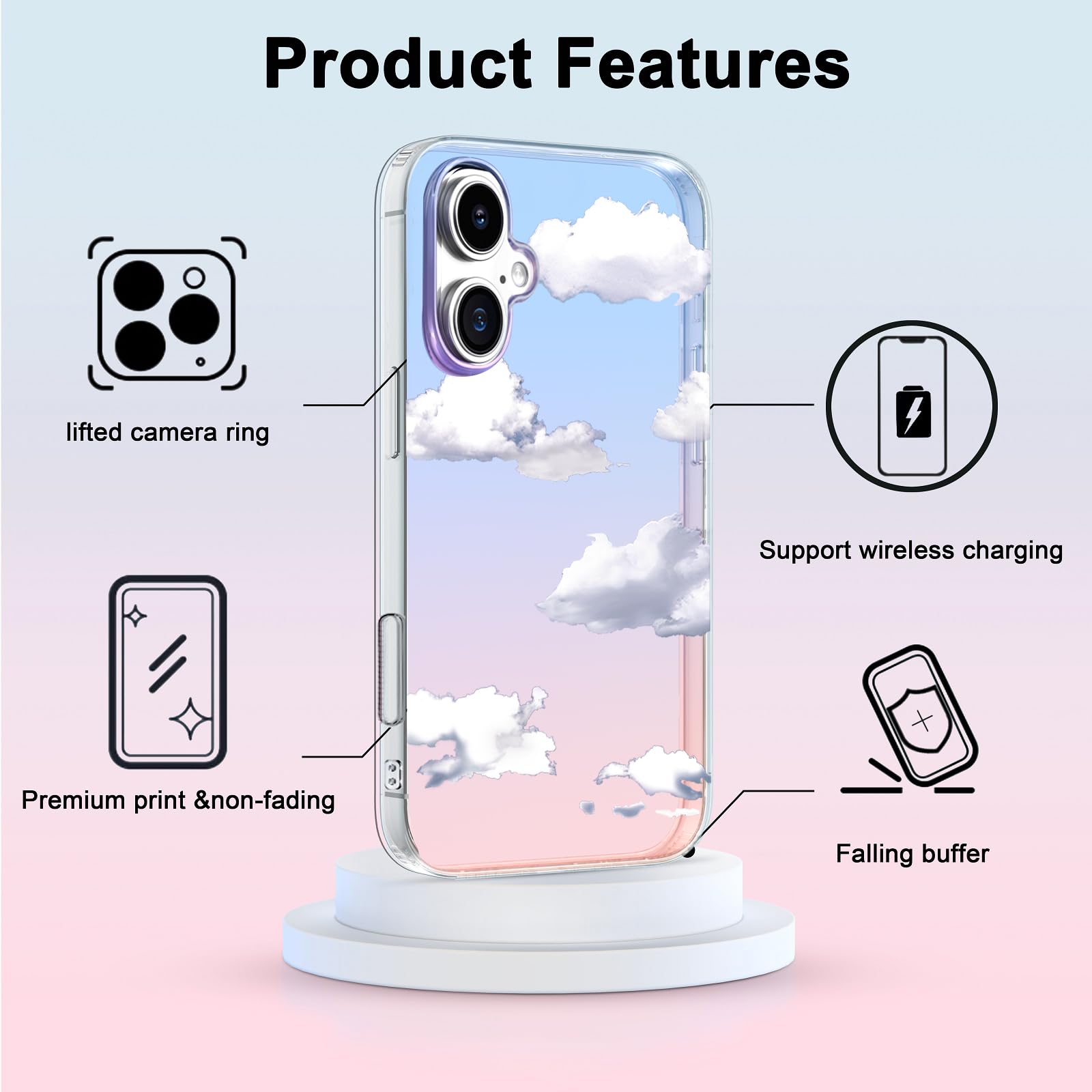 I Mgae In Ar Compact Case For Iphone 16 Plus Holographic Cloud Design,Cute Trendy Soft Slim Tpu Shockproof Protective Phone Case