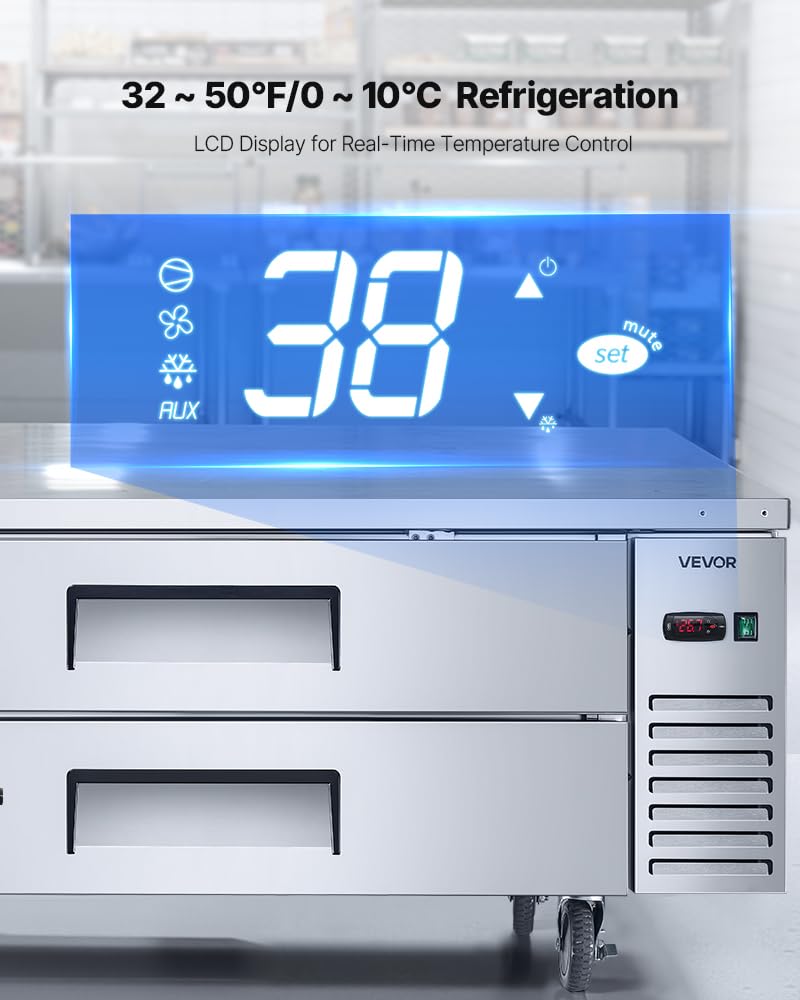 Vevor Chef Base Refrigerator, 52 W Commercial Chef Bases Worktop Refrigerators, 2-Drawer Under Counter Fridge With 8 Pans Stainl