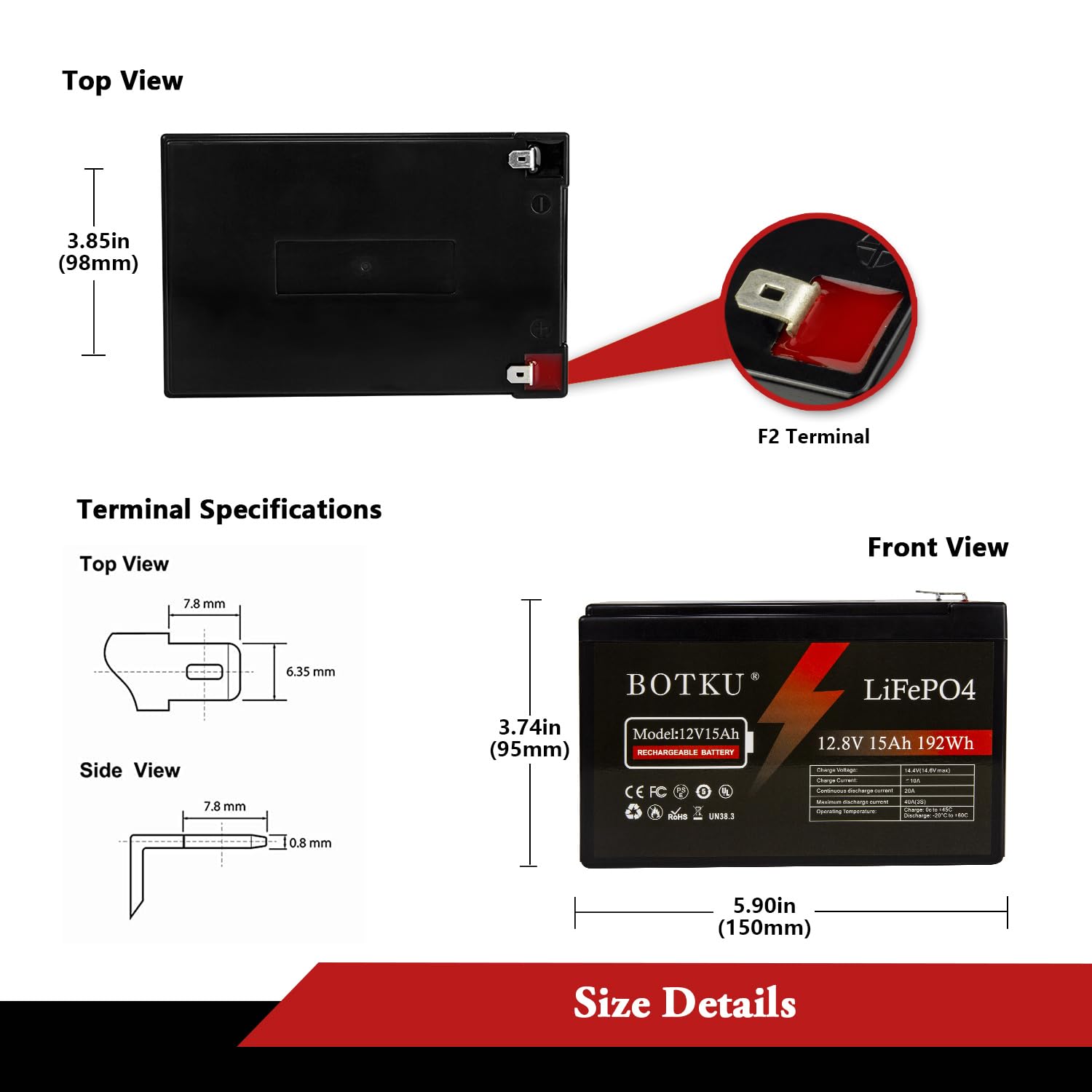 Botku 12V 15Ah Lithium Lifepo4 Deep Cycle Battery, 3000+ Cycle Rechargeable Lithium Iron Phosphate Battery For Solar, Fish Finde