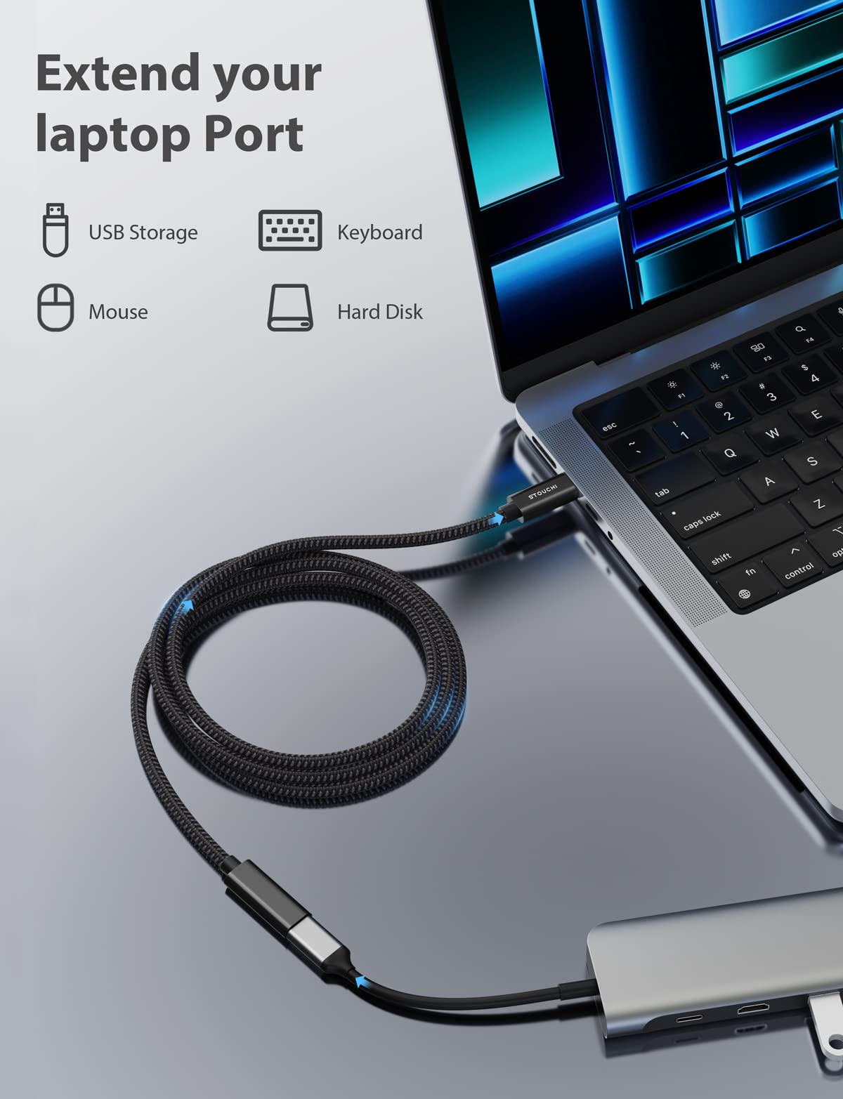 Stouchi 3.3FT USB C Extension Cable, Type C 3.2 Male to Female, Fast Charging & Audio Transfer for Galaxy S23, iPad, MacBook - Black