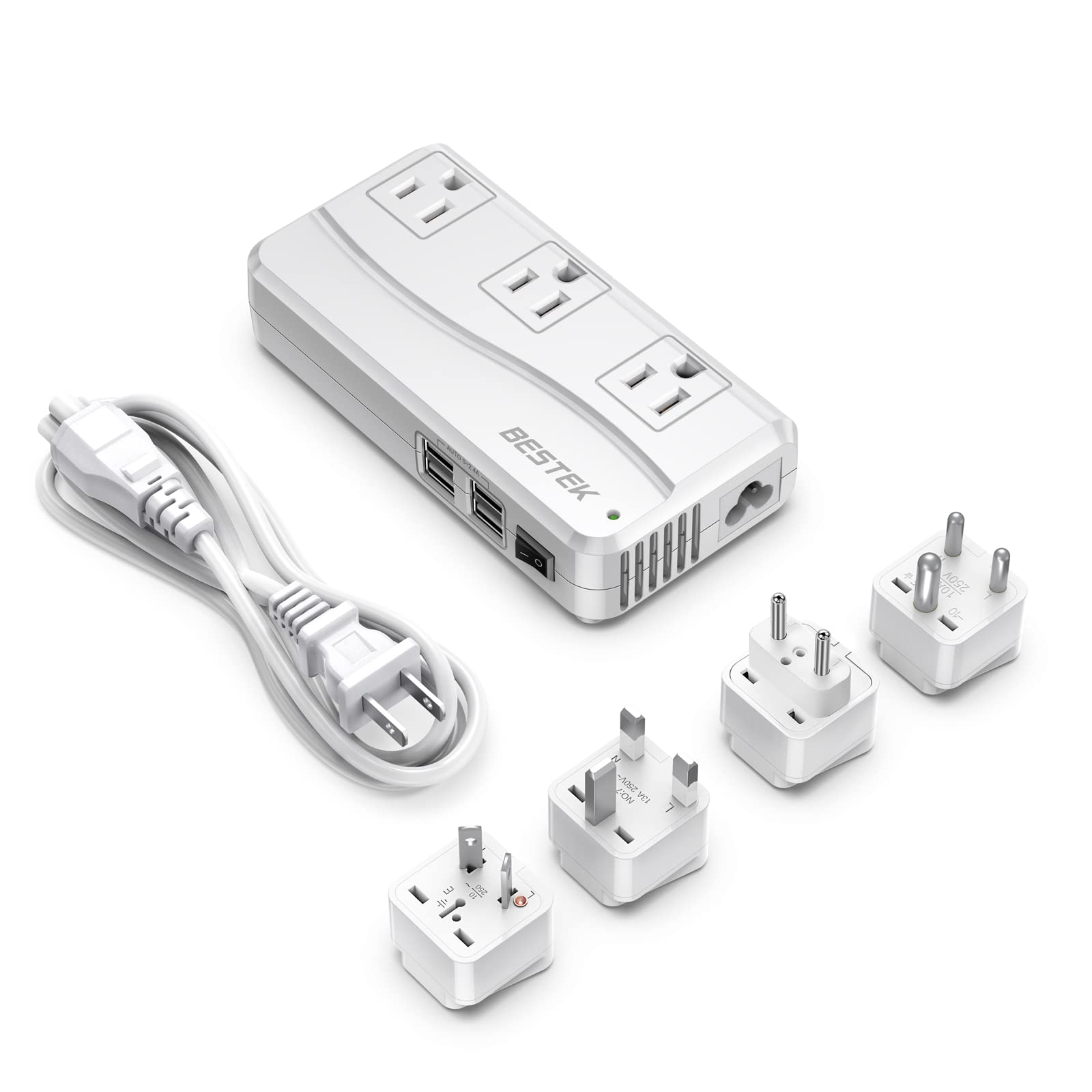 Bestek Universal Travel Adapter, Worldwide Plug Adapter 110 220V To 110V Voltage Converter 250W With 6A 4 Port Usb Charging 3 Ac Sockets And Eu/Uk/Au/Us/India International Outlet Adapter