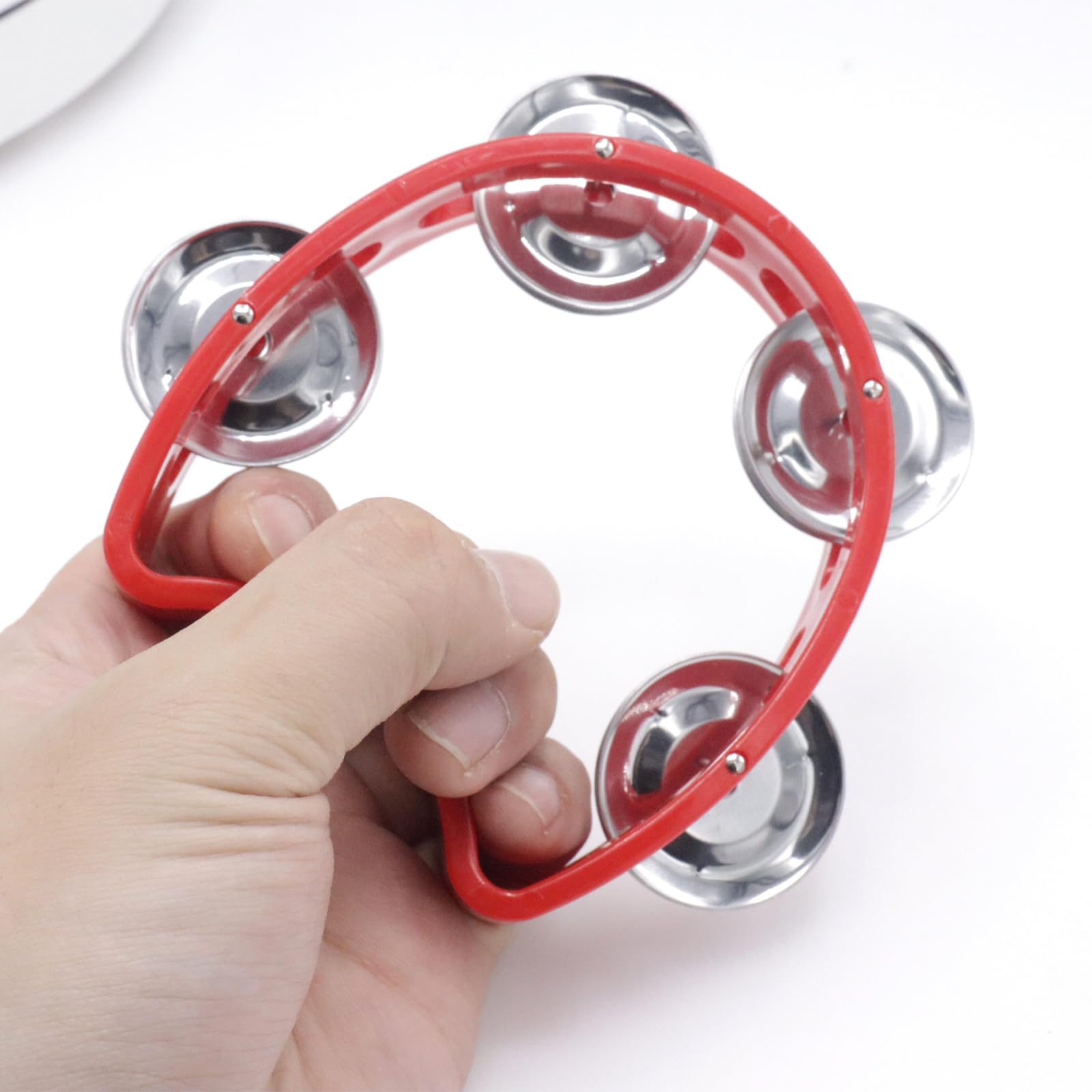 Cheerock Pack Of 2 Plastic Percussion Handheld Tambourines With 4 Jingle Bells, Red Mini Hand Bell Percussion, Musical Rhythm In