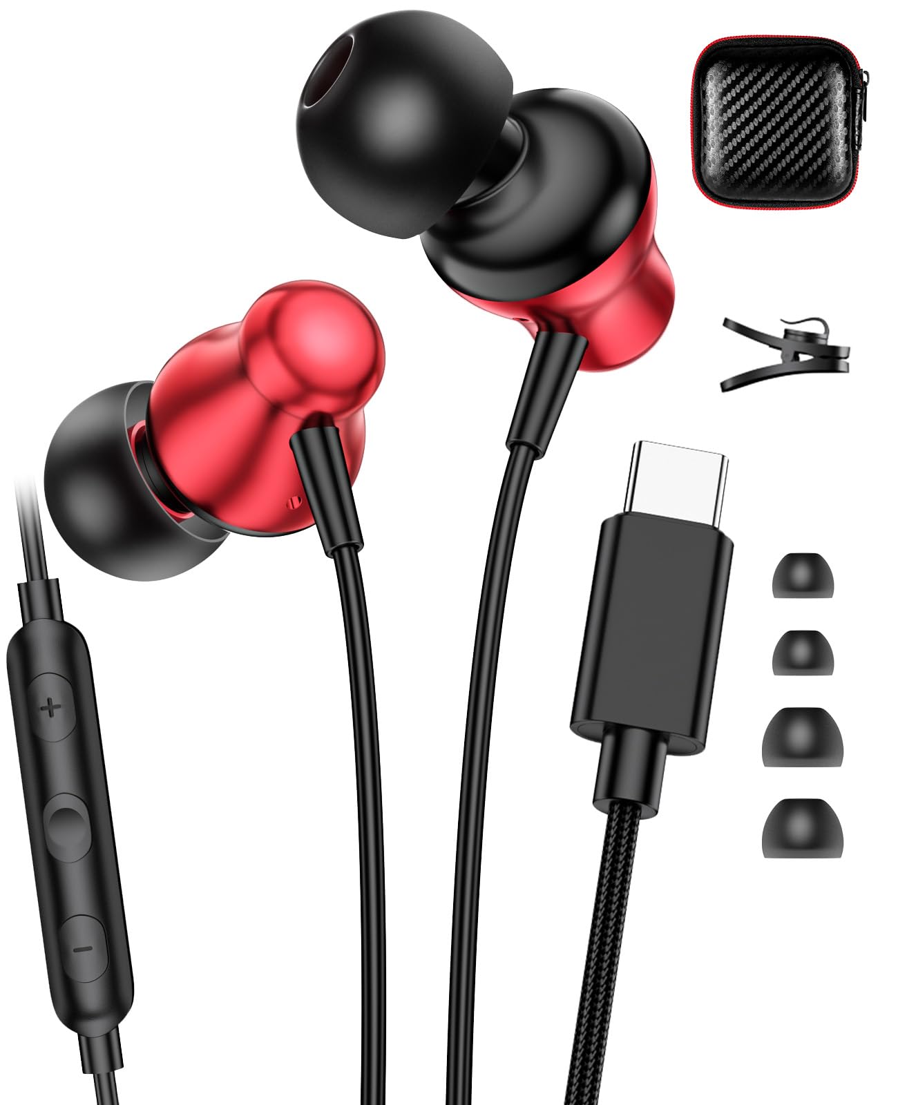 Jelanry USBC Earbuds HiFi Stereo Wired Headphones with Microphone  Red