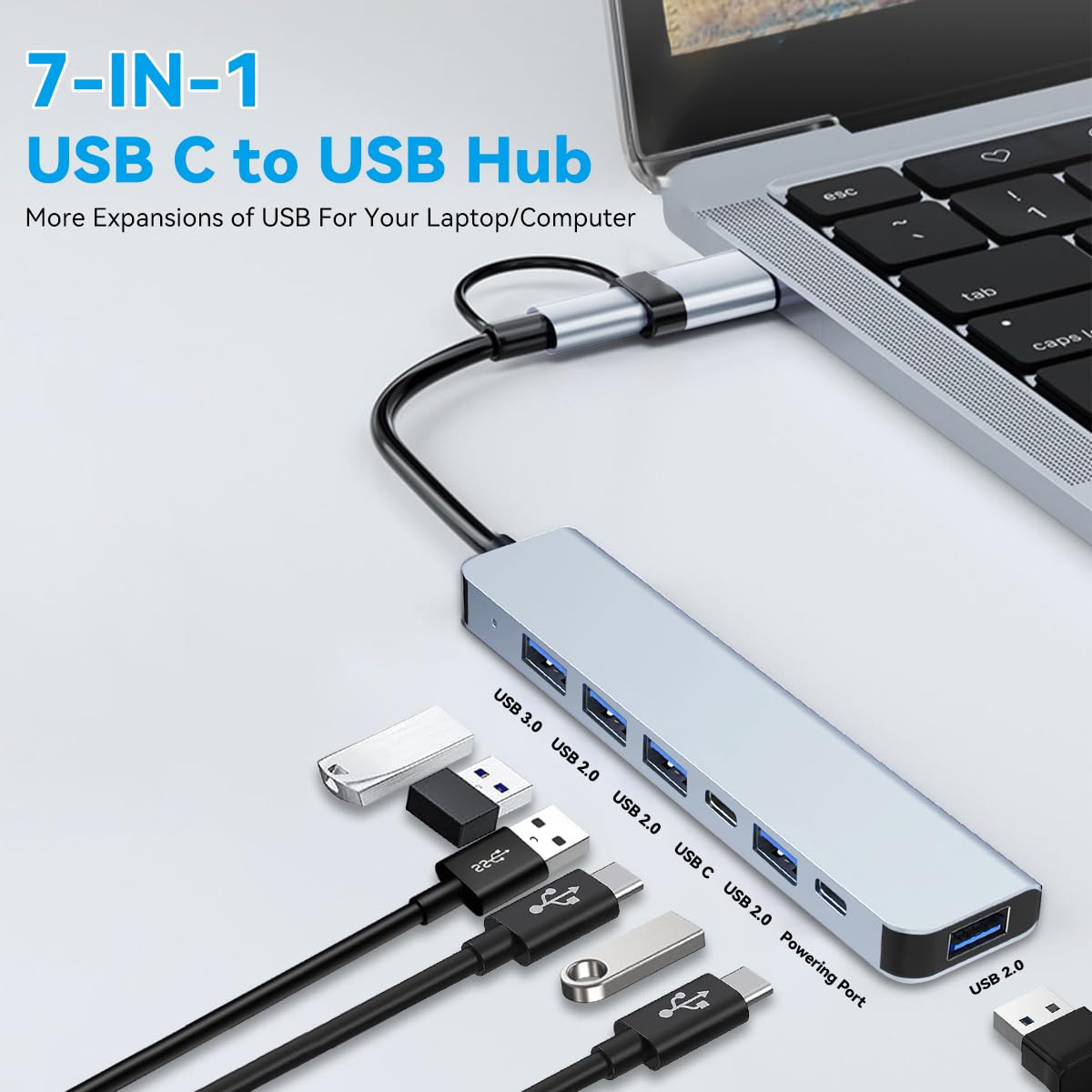 Usb C Hub Splitter 7 In 1 Port Extender Multiport Usb Adapter With 5 Usb A Port & 2 Usb C Port Docking Station For Macbook Pro/Ipad Pro/Surface Pro/Hp Laptop/Galaxy Phones (1 To 7)