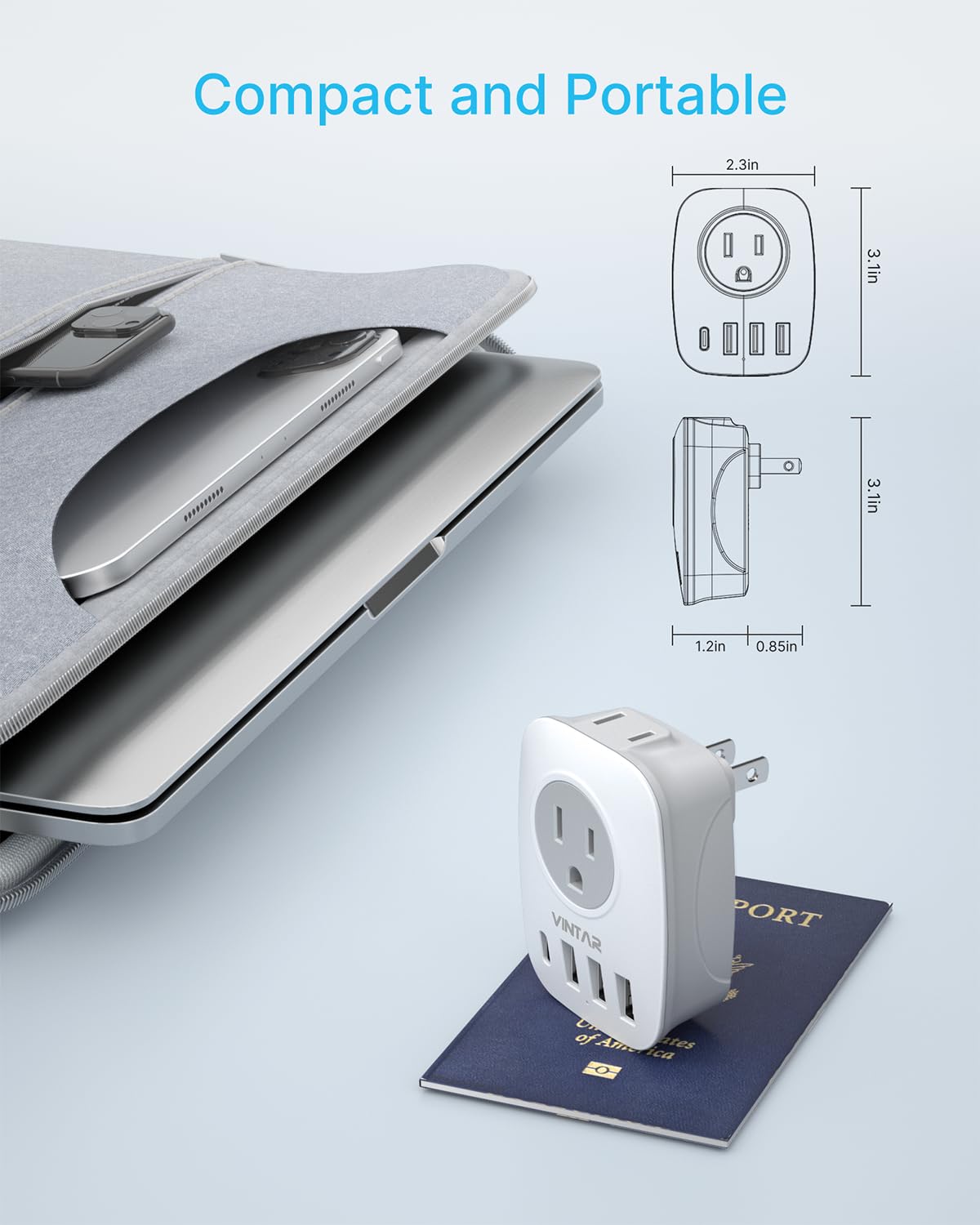 Us To Japan Plug Adapter, Vintar 2 Prong To 3 Prong Outlet Adapter With 2 Ac Outlets, 3 Usb And 1 Usb C Ports, Japan Travel Powe