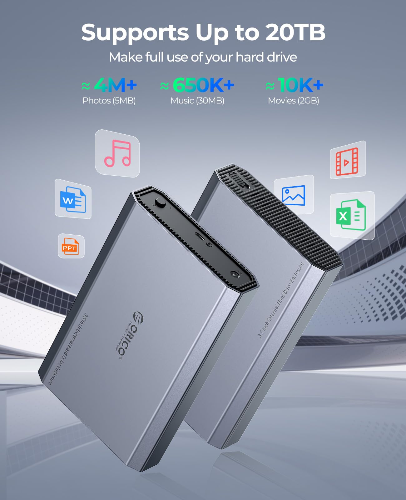 ORICO Aluminum 3.5 Hard Drive Enclosure with USB 3.2 Gen 2 6Gbps Transfer Speed, Fit for 3.5/2.5 Inch SATA HDD SSD Up to 20TB, USB C to USB C/A 2 in 1 Cable Compatible with MacBook Windows(DD35 C3)