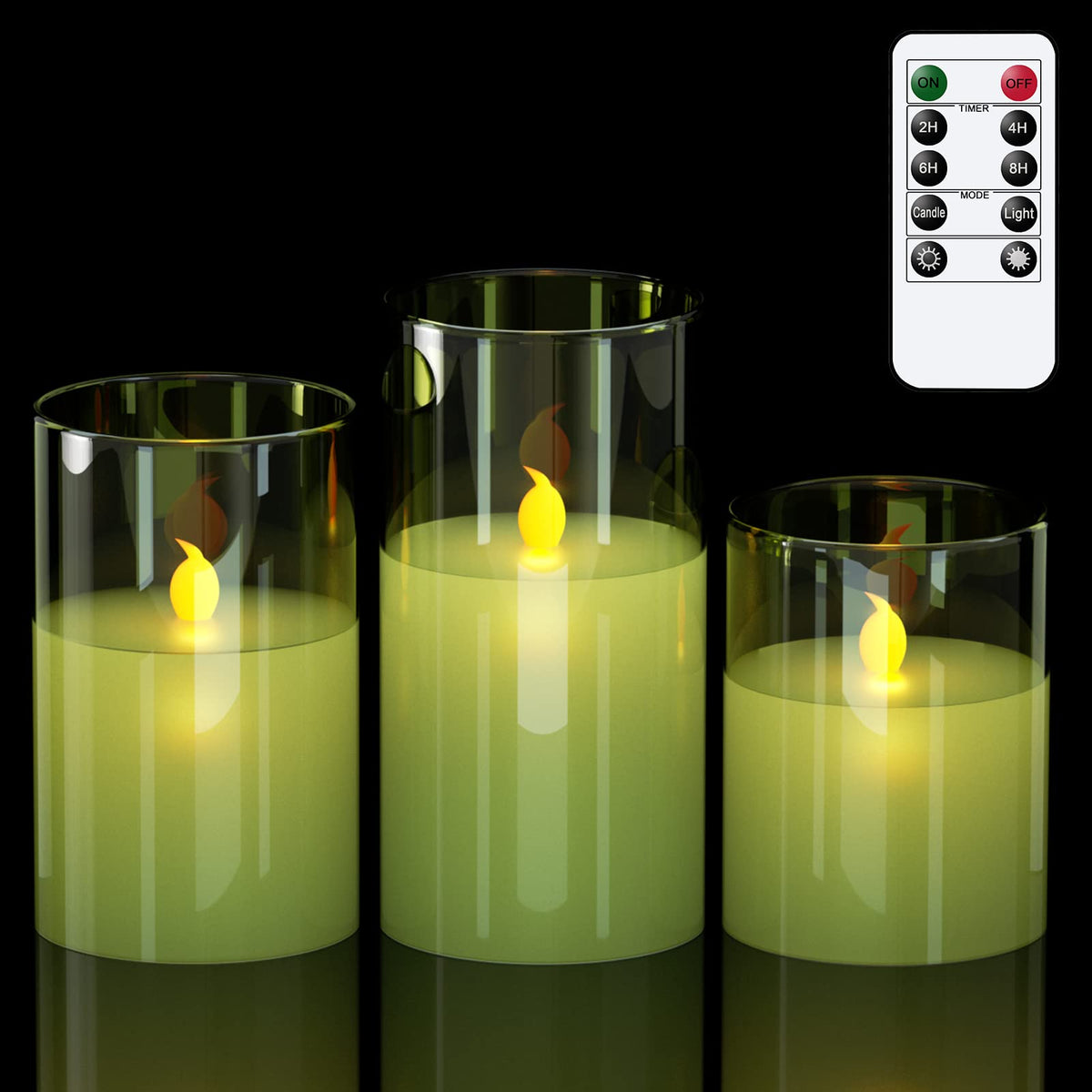 Genswin Green Glass Battery Operated Flameless Led Candles With 10-Key Remote And Timer, Real Wax Candles Warm White Flickering