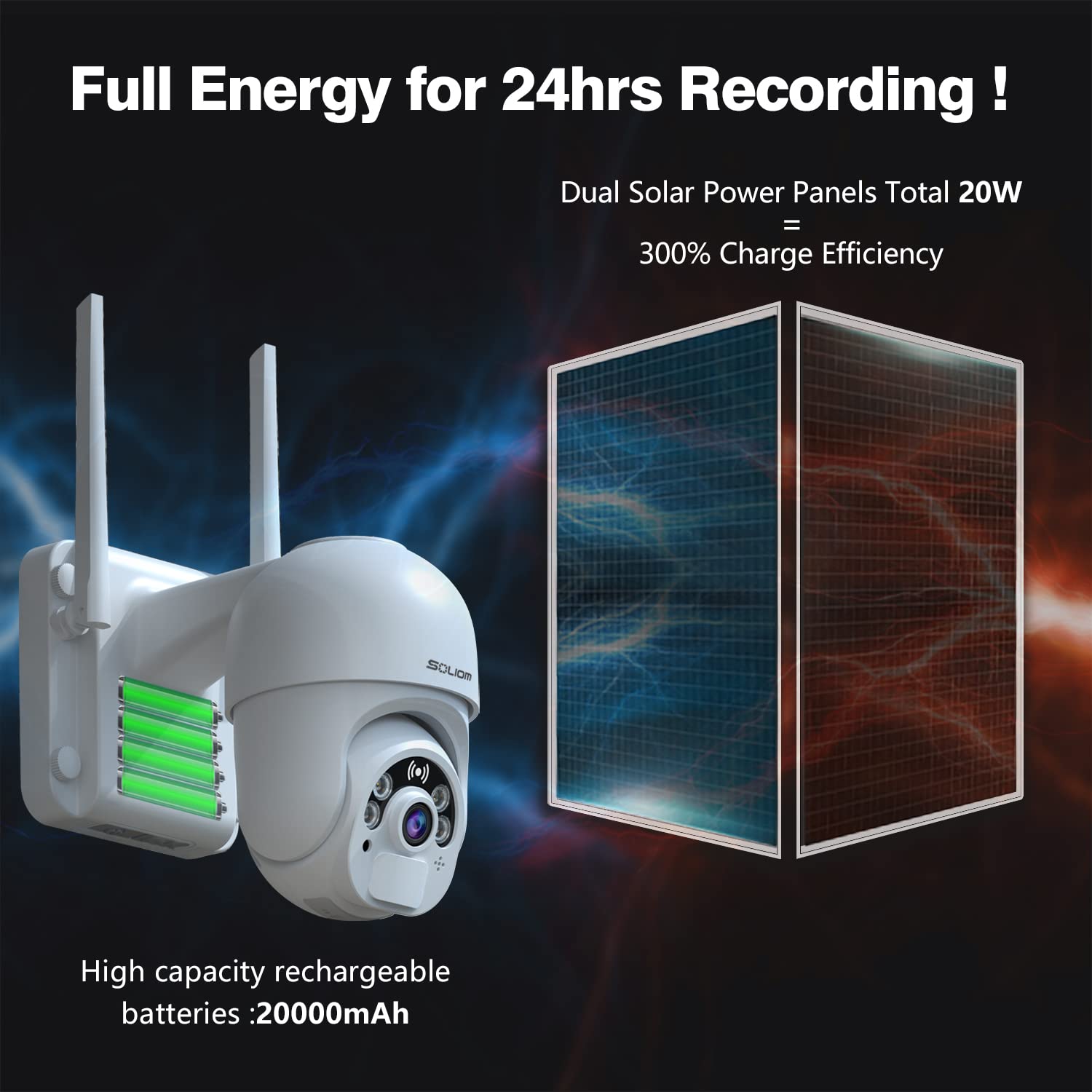 Soliom 4G Lte Cellular Security Camera [24/7 Recording] With 20W Solar Panel, 20000Mah Battery,360� Pan Tilt,Spotlight Color Night Vision,2 Way Talk,Pir Motion Detect,No Wifi,Ip66,Sl800 4G Us Ver.