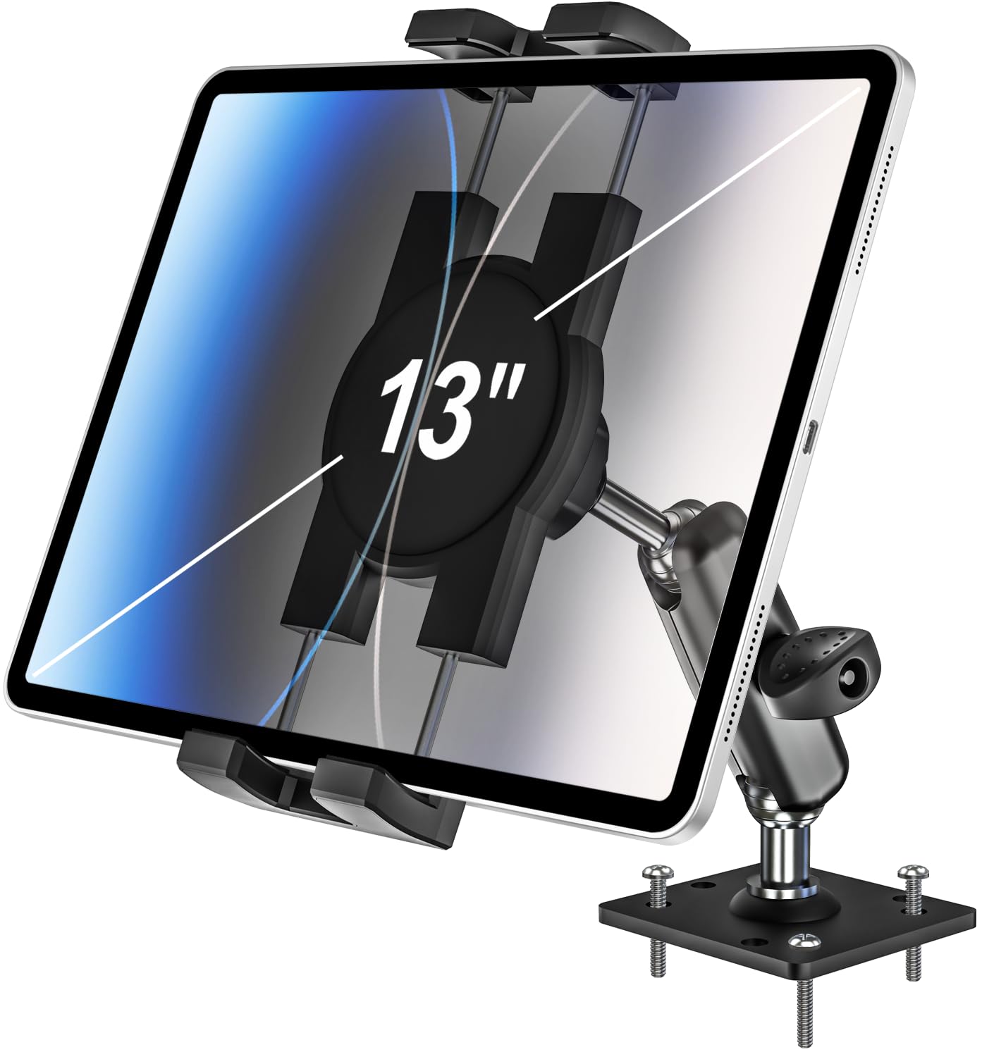 Woleyi Heavy Duty Drill Base Tablet Holder For Car/Truck - [Metal 360 Adjustable Arm] Dashboard Tablet Car Mount For Semi/Busine