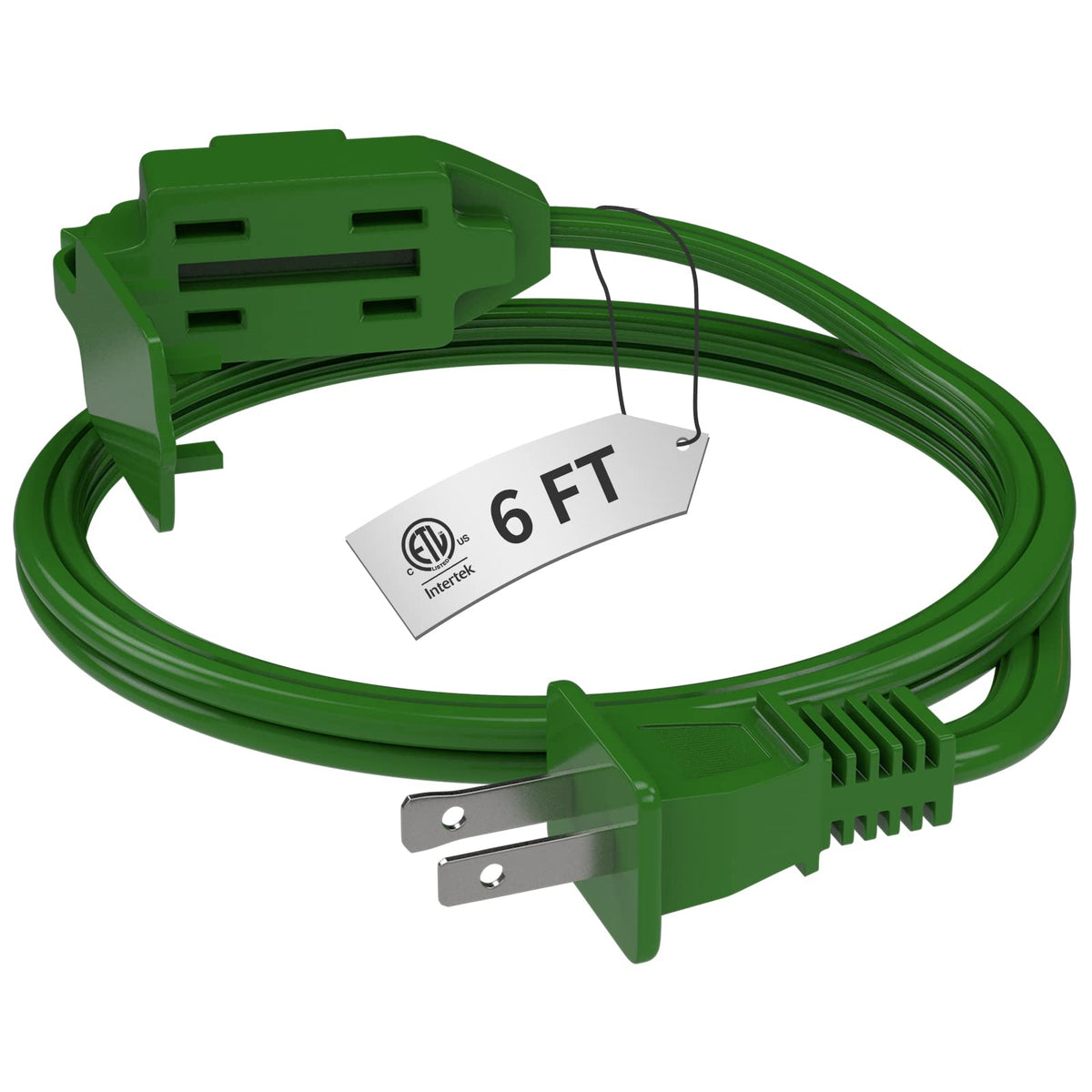 Plugtul Indoor Green Extension Cord 6 Feet, 3 Outlet Household Extension Cord, 2 Prong, 16 Gauge, 3 Polarized Outlets With Safet