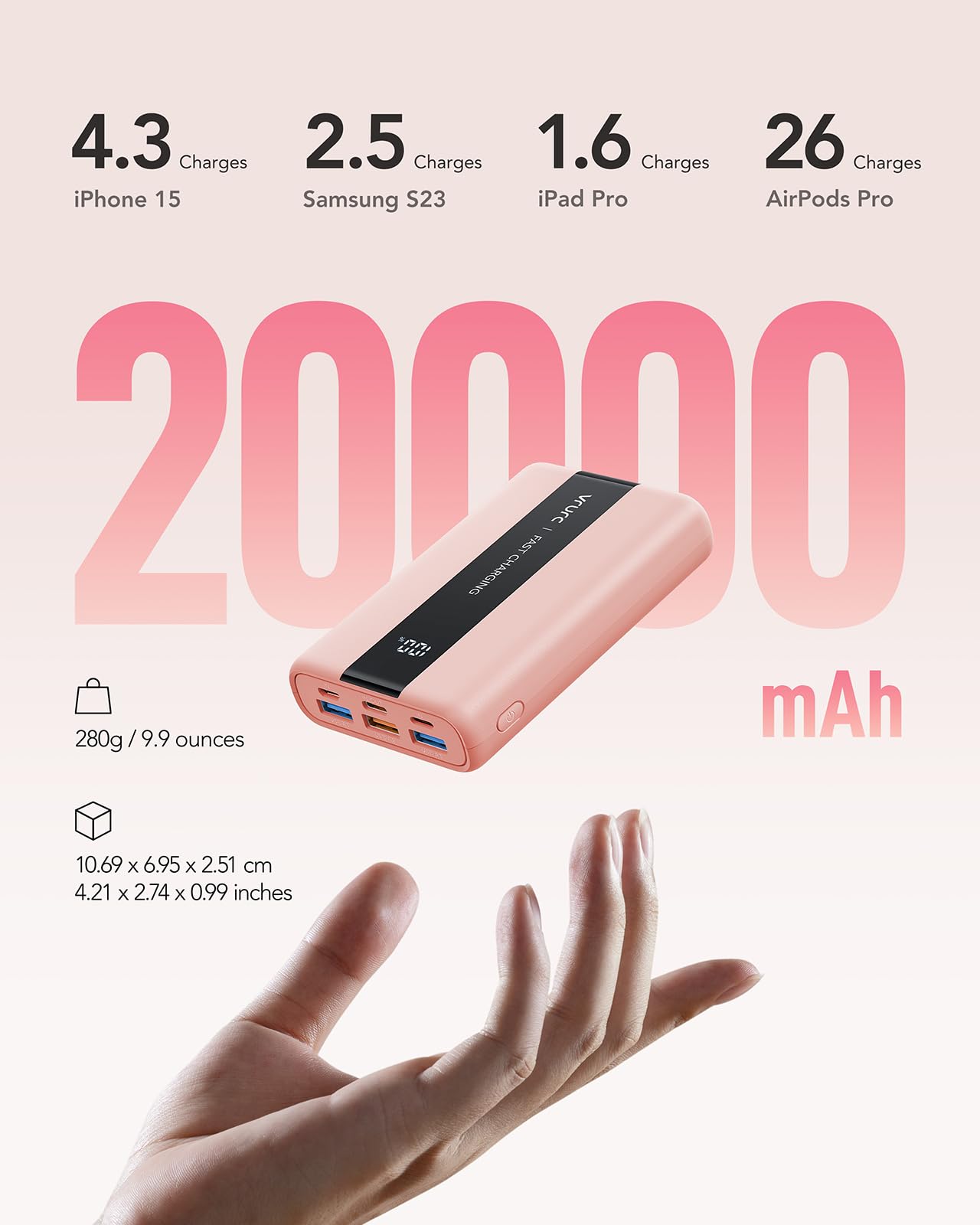 Vrurc Power Bank,20000Mah Portable Charger Fast Charging, Compact Travel Essentail,4 Outputs 3 Inputs Battery Pack Usb C For Iph