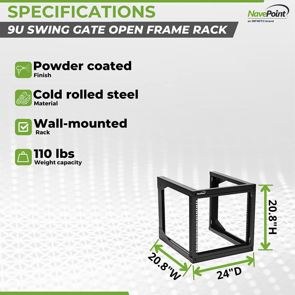 Navepoint 9U Server Rack With Swing Gate   9U Wall Mount Rack For 19 Inch It Equipment Open Frame Rack   Network Rack Wall Mount