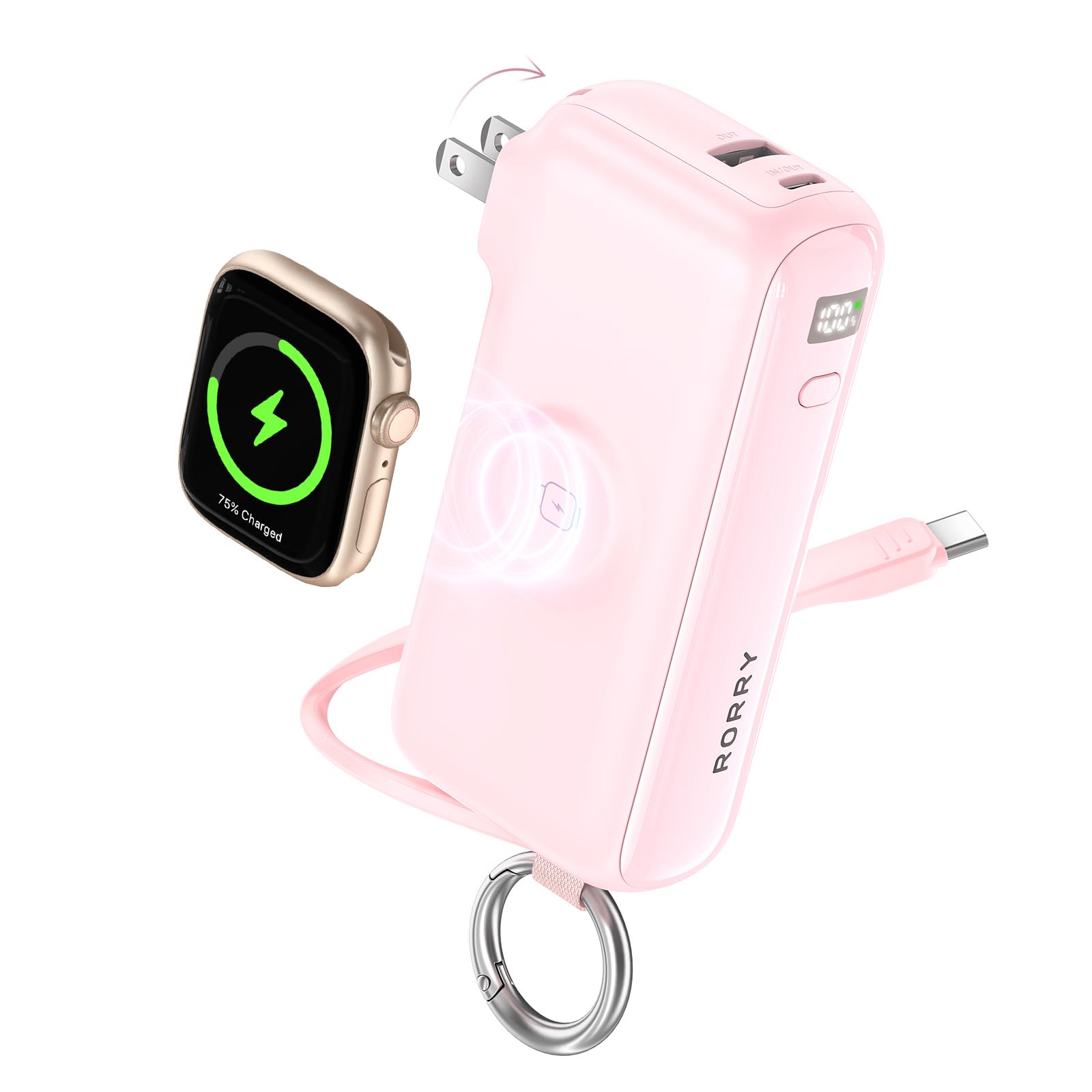 RORRY Flow Portable Charger, 10000mAh 40W Fast Charging Power Bank with Built-in USB C Cable and Foldable Wall Plug, Battery Pac