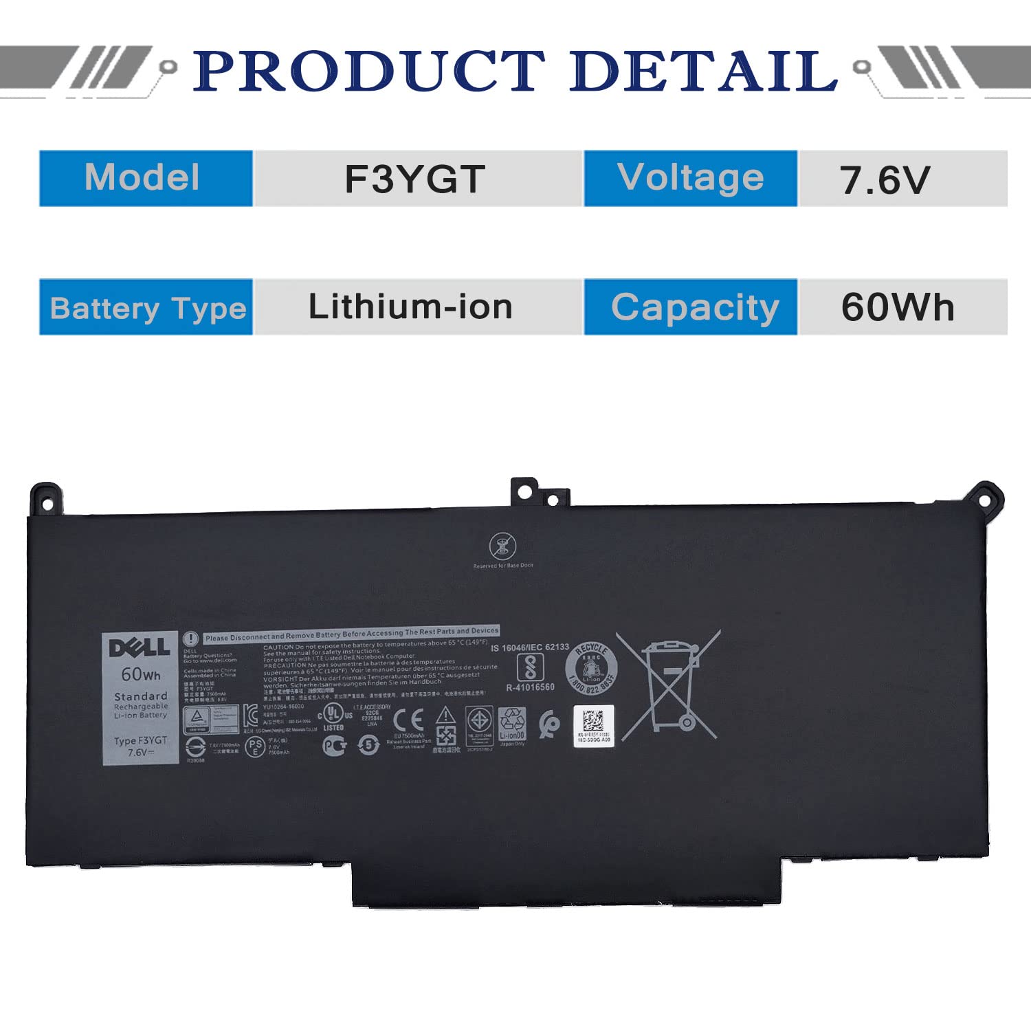 Dell F3Ygt Battery For Dell Latitude 12 7280 7290 13 7380 7390 P29S002 14 7000 7480 7490 P73G002 Series P28S P28S001 P73G P73G00