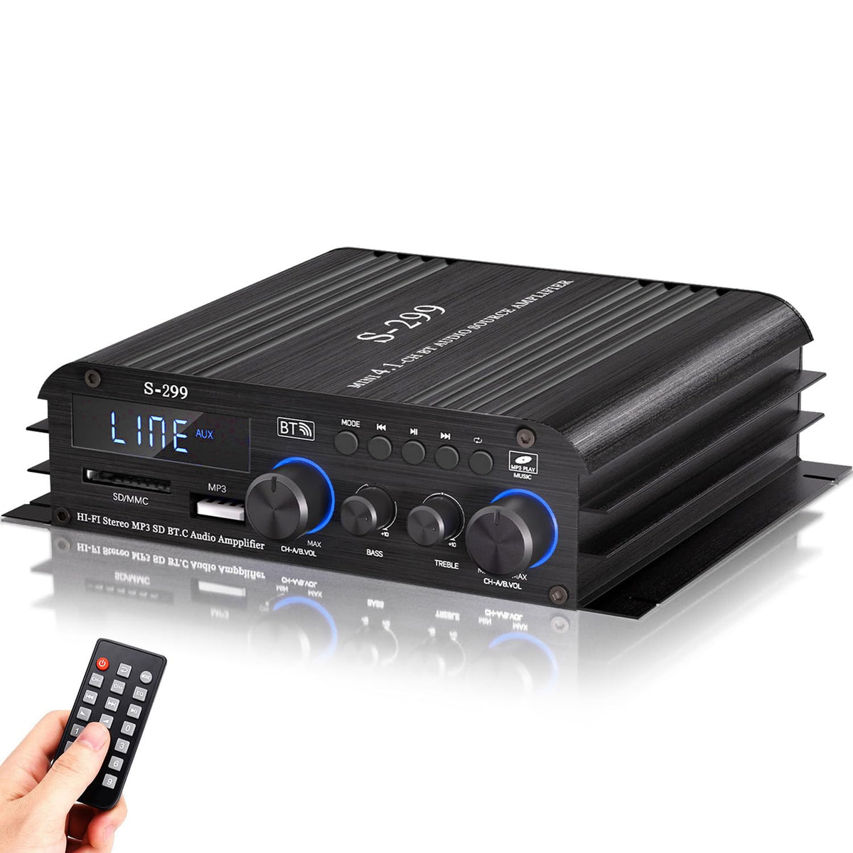 Facmogu S 299 4.1Ch Bluetooth Power Amplifier With Active Subwoofer Output (Not Passive Subwoofer), Max 800W Rms 40Wx4 Subwoofer Amplifier Hi Fi Integrated Mini Speaker Amp Audio Sub Bass Amp