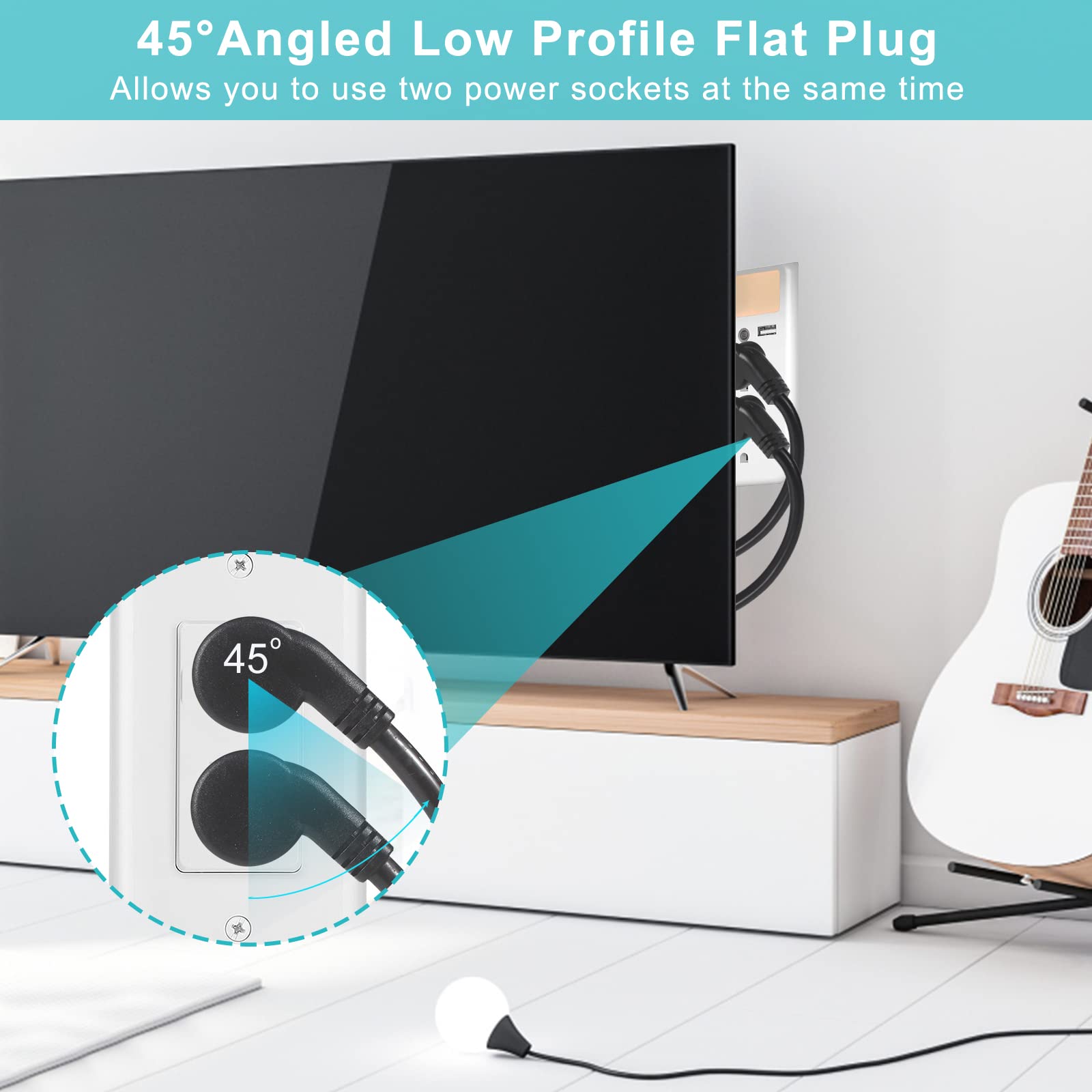 18 Inch 3 Outlet Power Splitter Extension Cord   1.5Ft 1 To 3 Splitter Outlet Right Angled Flat Plug Nema 5 15P 1 To 3 Way Nema