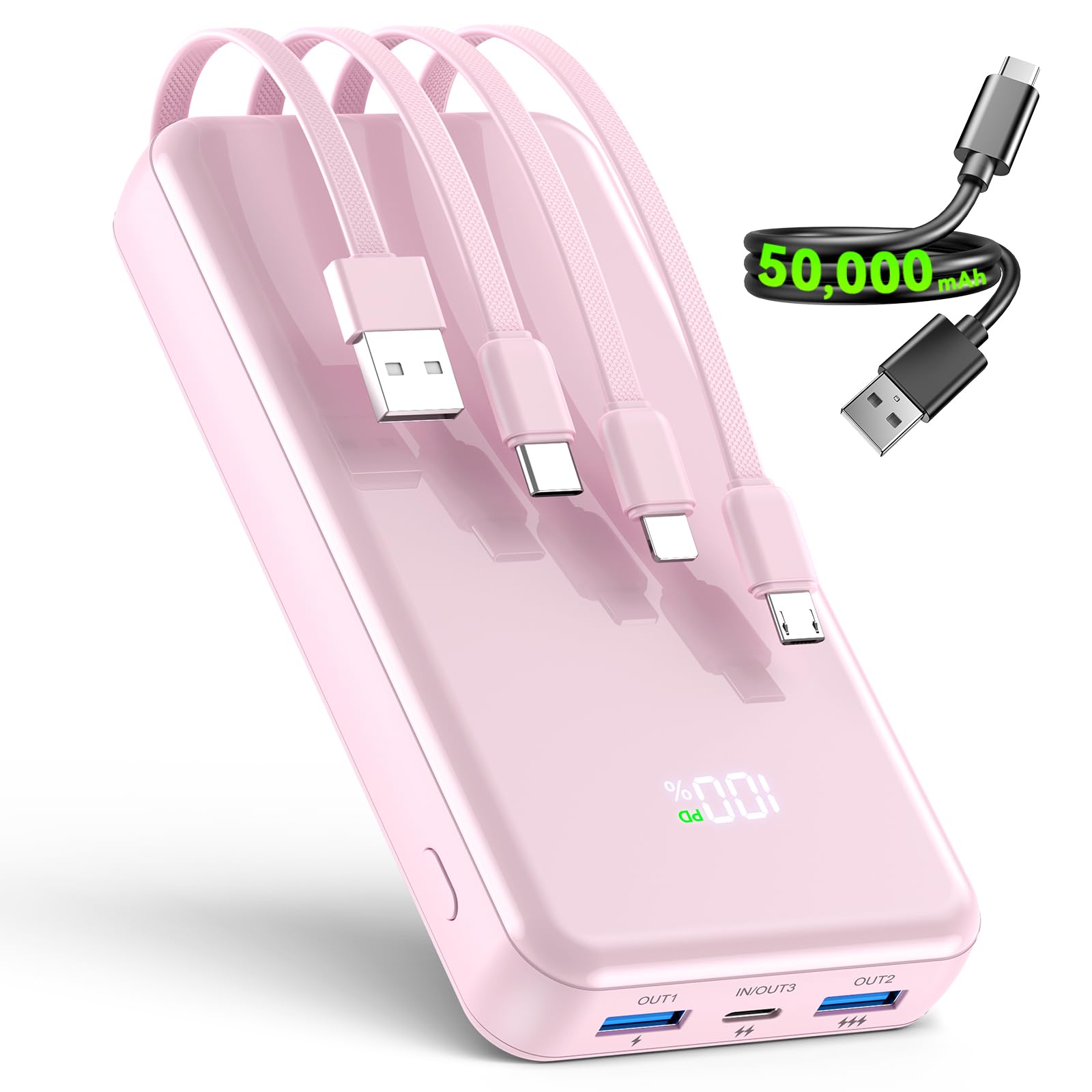 Portable Charger,50000mAh Power Bank Builtin Cable, 22.5W PD USB C In & Out Fast Charging, External Battery Pack with 6 Output 