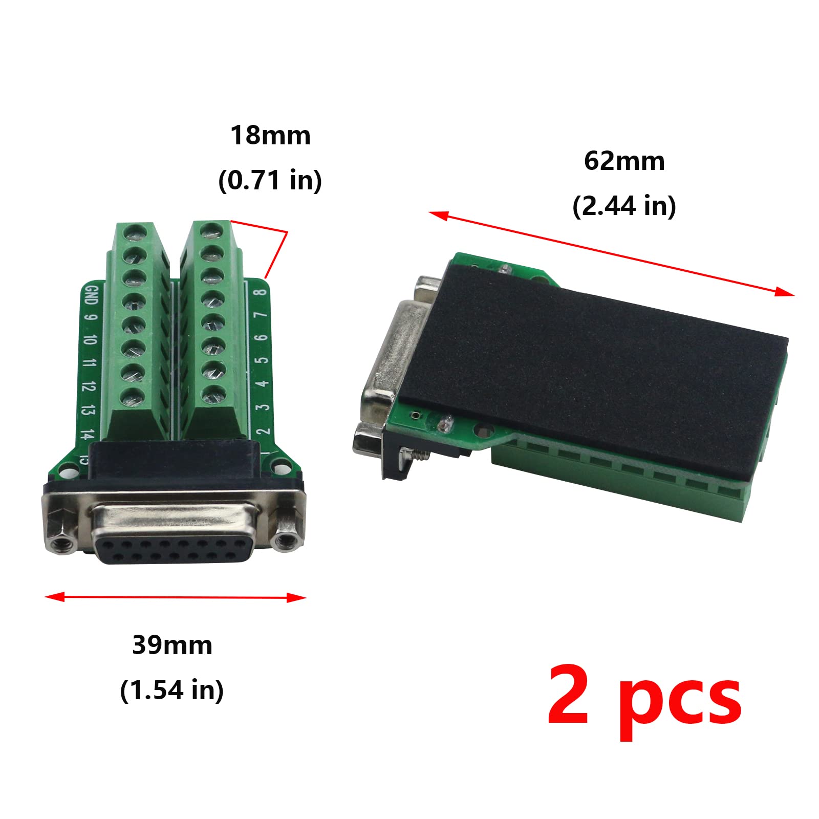 Antrader D-Sub 15Pin Connector Db15 Female Adapter Rs232 To Terminal Board Signal Module 2-Pack