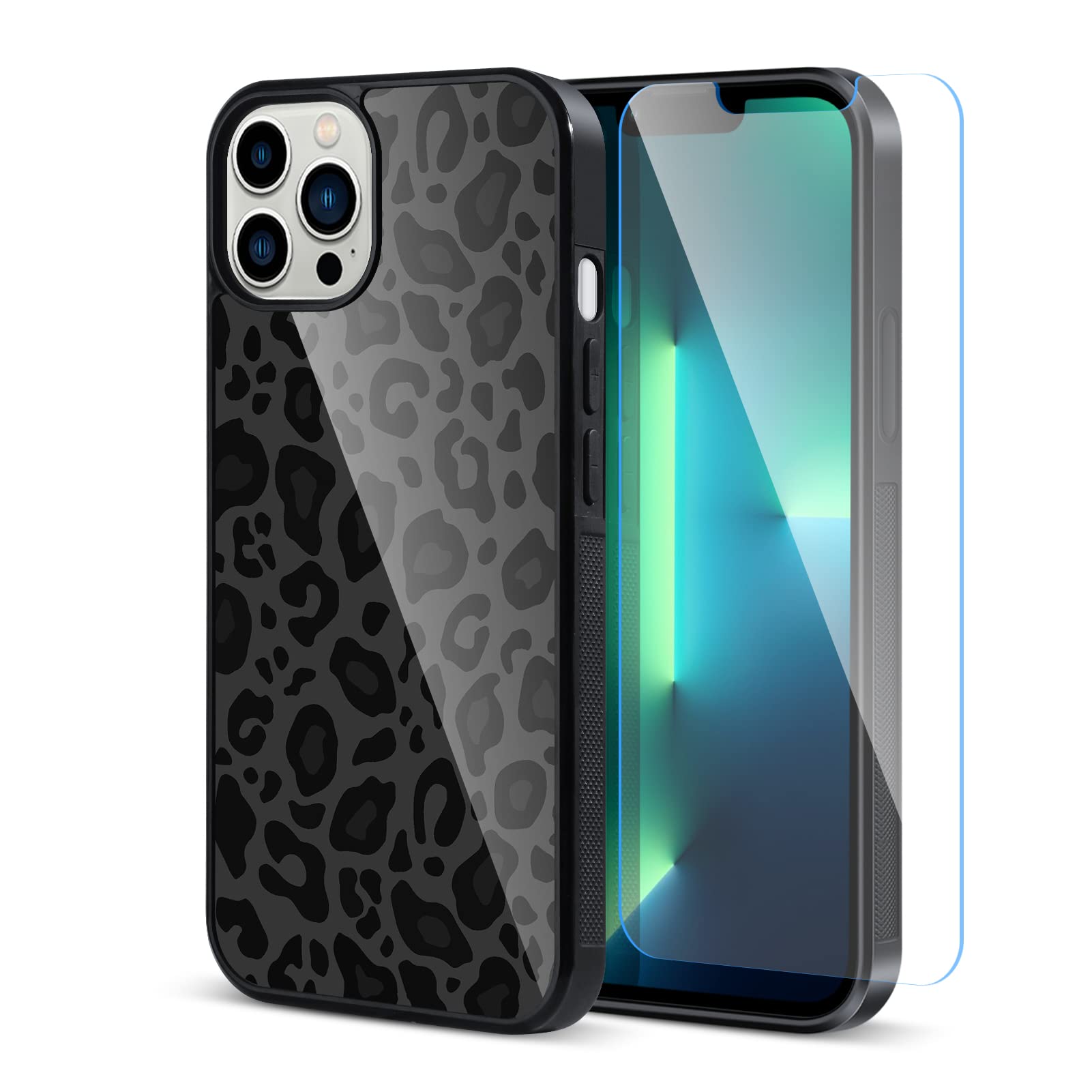 TEAUGHT Compatible with iPhone 13 Pro Max Case Cute Pattern Black Leopard Print Cheetah + Screen Protector Tire Shockproof Cover