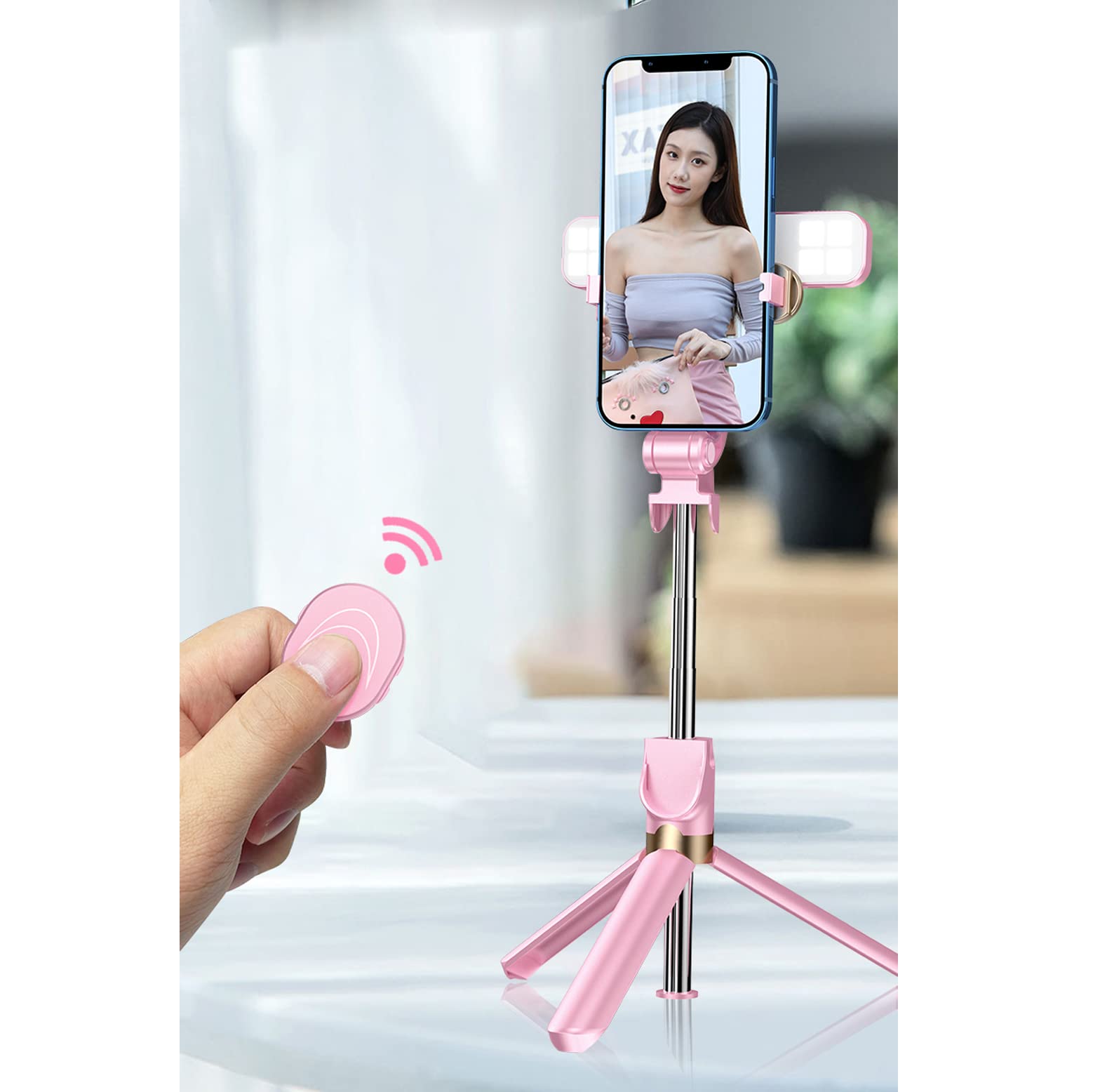 MQOUNY Selfie Stick Tripod with Dual LED Ring Light & Wireless Remote - Compatible with iPhone, Samsung Galaxy, and Smartphones - White