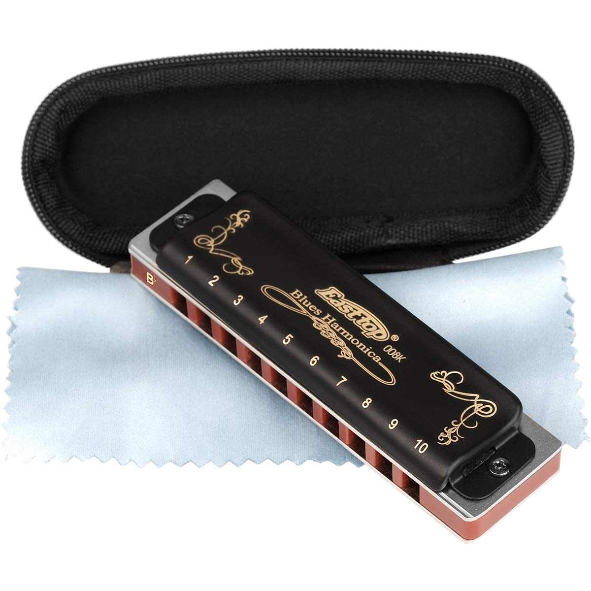 Easttop Professional Harmonica Blues Key Of Bb 10 Hole 20 Tone Heavy Duty With Case & Cleaning Cloth For Professional Player,Beg
