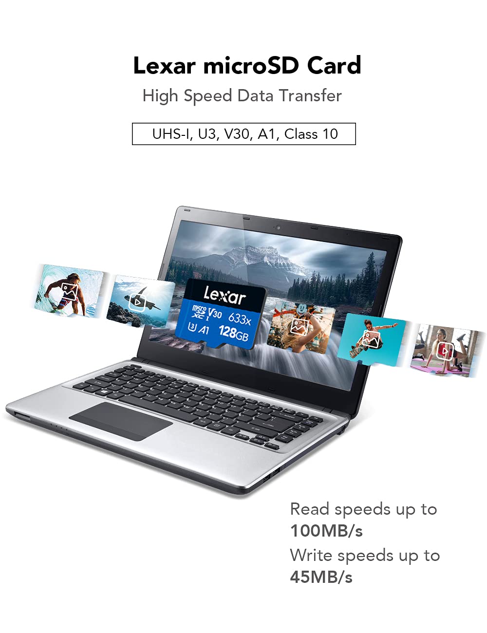 Lexar High-Performance 633X 128Gb Microsdxc Uhs-I Card With Sd Adapter, C10, U3, V30, A1, Full-Hd & 4K Video, Up To 100Mb/S Read