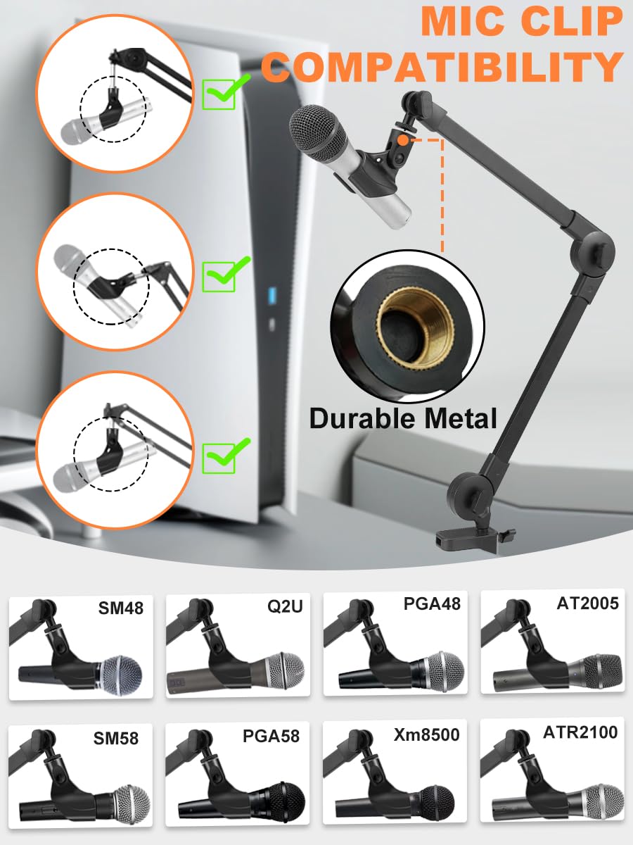 Mictop Microphone Boom Arm Mic Stand, Adjustable Suspension Boom Scissor Arm Stand With Mic Clip Holder And Heavy Duty Clamp For
