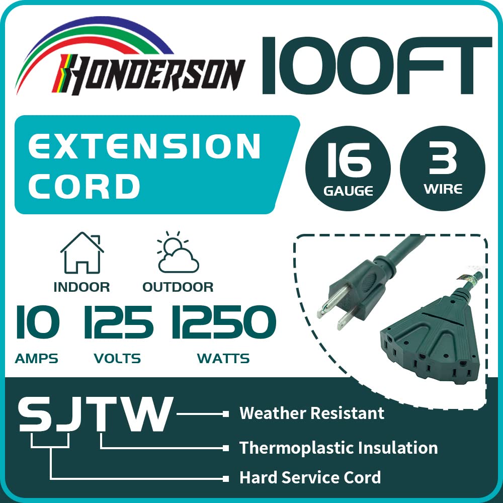 Honderson 3 Outlets Indoor Outdoor Extension Cord Weatherproof, Ul Listed, 16 Gauge 100Ft Green 3 Prong Heavy Duty, 16/3 Sjtw 10