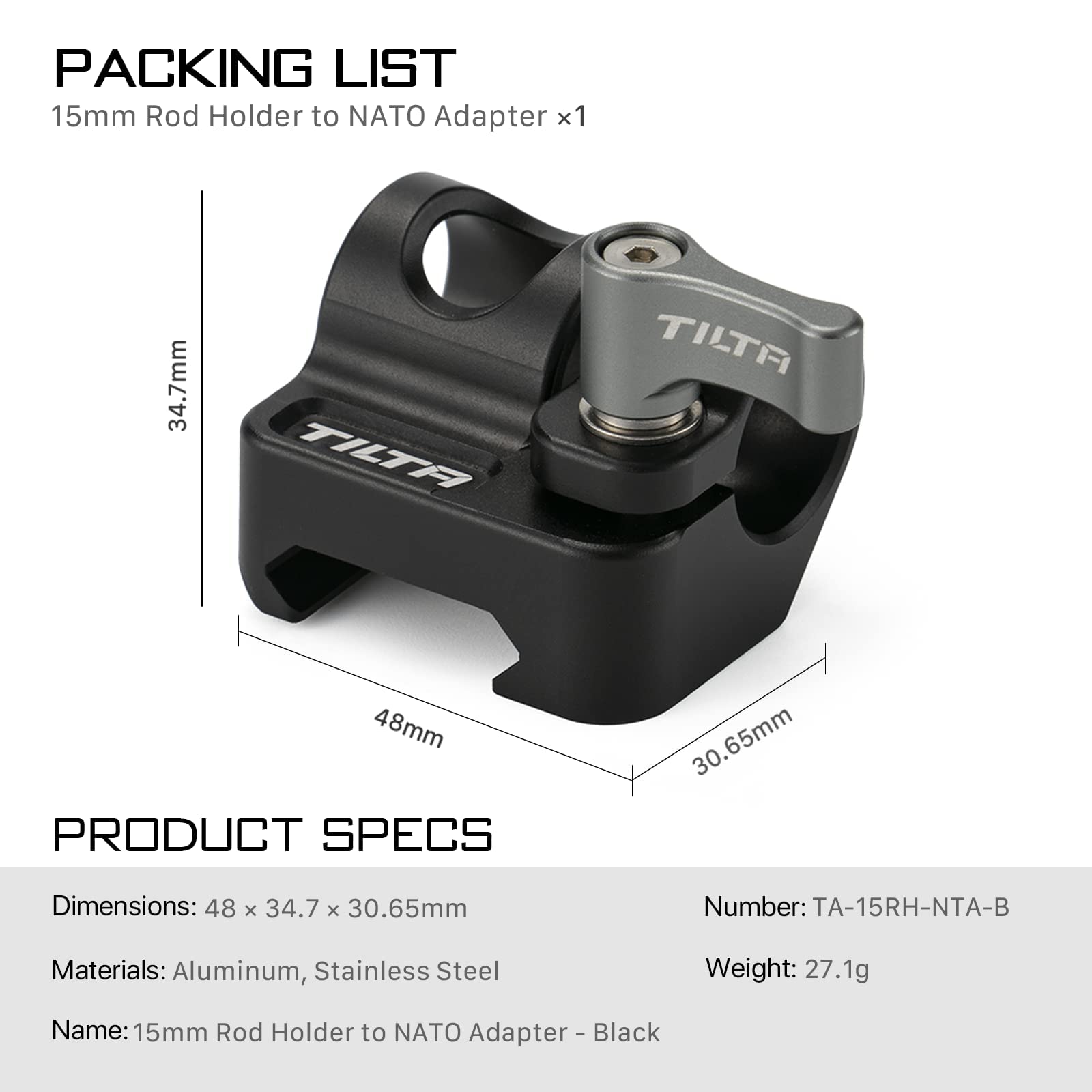 Tilta 15Mm Rod Holder To Nato Adapter Aluminum, Durable And Lightweight, Connect Accessories, Follow Focuses, Lens Supports, Camera Rigs (Black) | Ta 15Rh Nta B