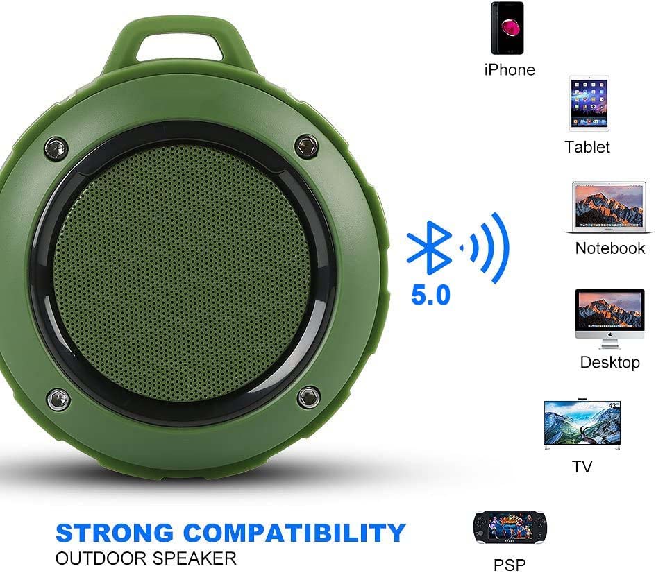 Kunodi Outdoor Waterproof Bluetooth Speaker, Wireless Portable Mini Travel Speaker With Subwoofer, Enhanced Bass, Built In Mic For Sports, Pool, Beach, Hiking, Camping (Green)