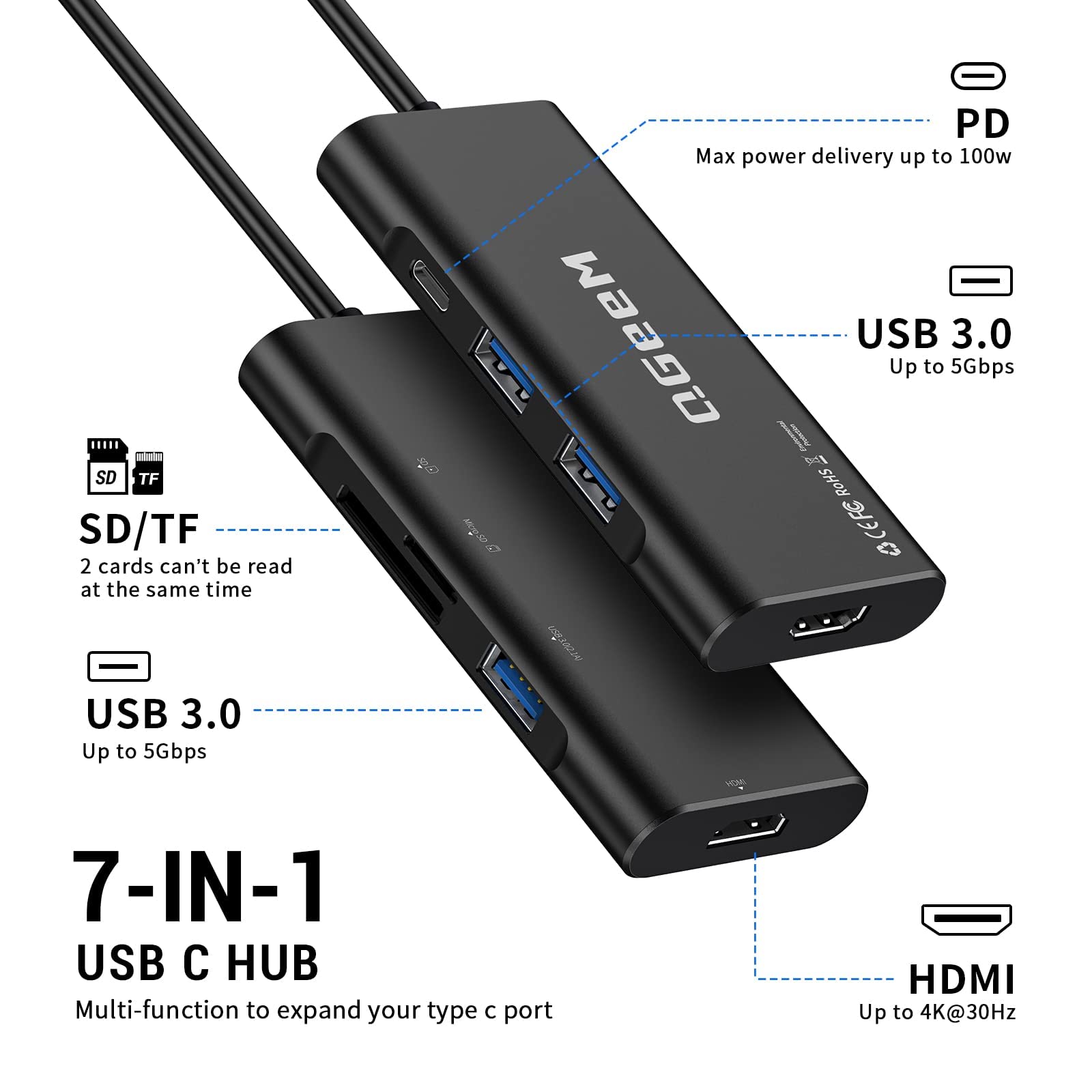 Usb C Hub, Qgeem Usb C To Hdmi Adapter 4K, 7 In 1 Usb C Dongle With 100W Power Delivery,3 Usb 3.0 Ports, Sd/Tf Card Reader, Comp