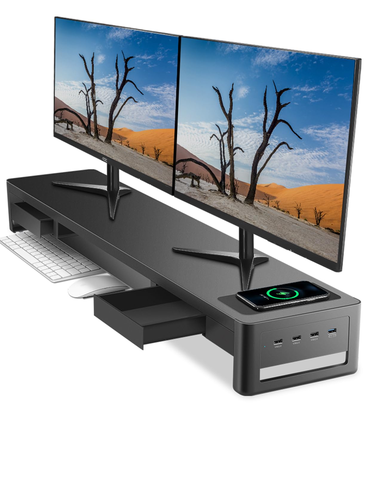 Meatanty Dual Monitor Stand Riser With 2 Drawers,4 Usb Ports And Charging Pad,Metal Monitor Stand For 2 Monitors Supports Transf