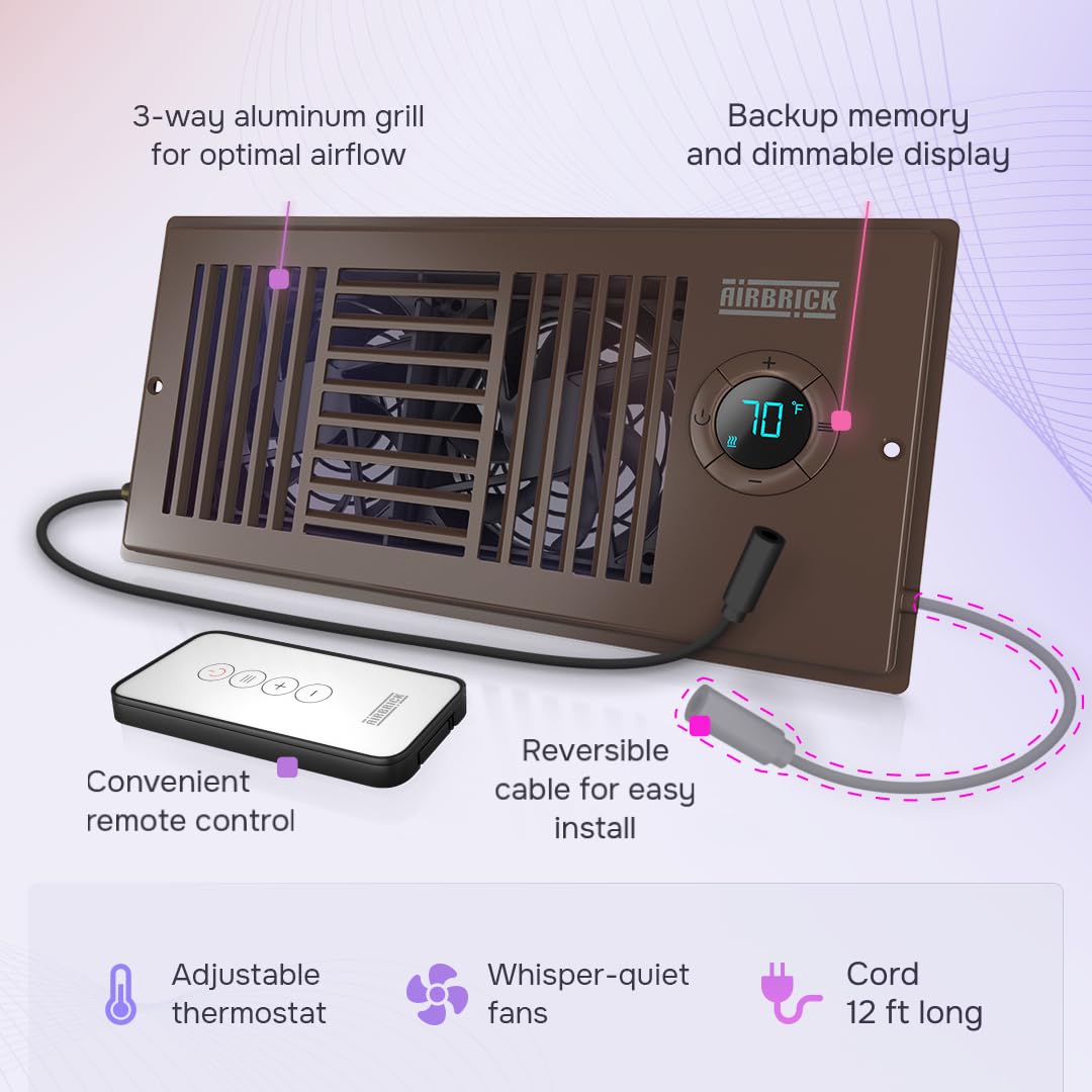Airbrick Quiet Smart Register Booster Fan With Remote Control. Fits 4    X 10    Register Holes. Enhances Ac/Furnace Vent Airflo