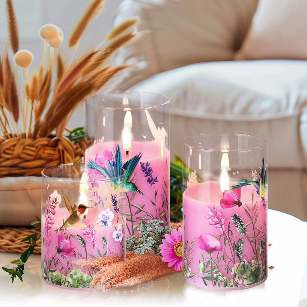 Eywamage Pink Hummingbird Glass Flameless Candles With Remote, Flickering Battery Floral Led Pillar Candles Set Of 3