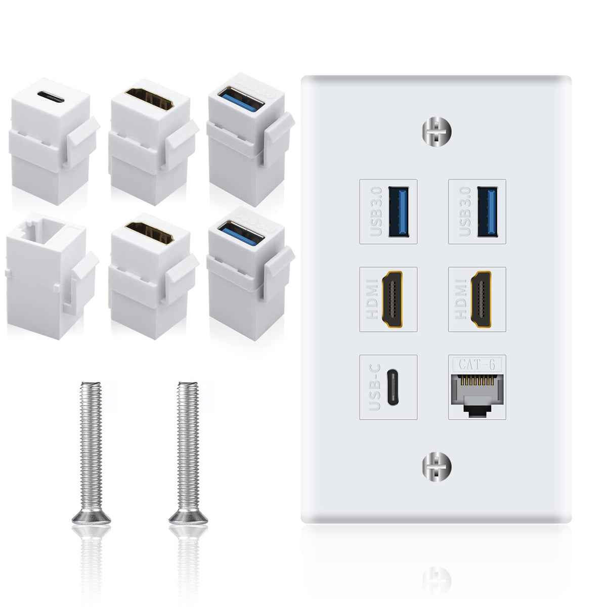 Poyiccot Outlet Wall Plate For Hdmi Ethernet & Usb 3.0 & Usb C, 6Port 2X Hdmi Hdtv + 2X Usb 3.0 +1X Cat6 Rj45 Ethernet + 1X Usb
