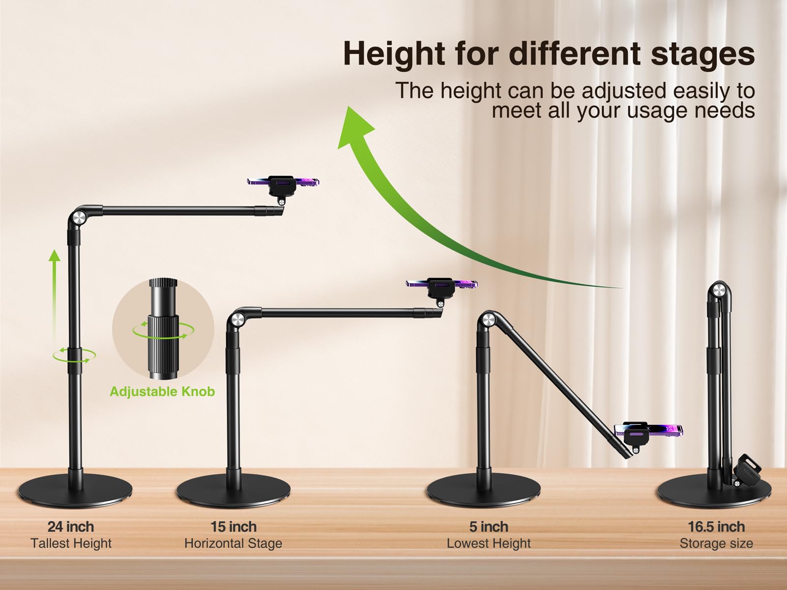 elitehood Heavy Duty Aluminum Overhead Phone Stand, 15" Long Arm, 360? Swivel, Black, Model DP1, Ideal for Filming and Crafting