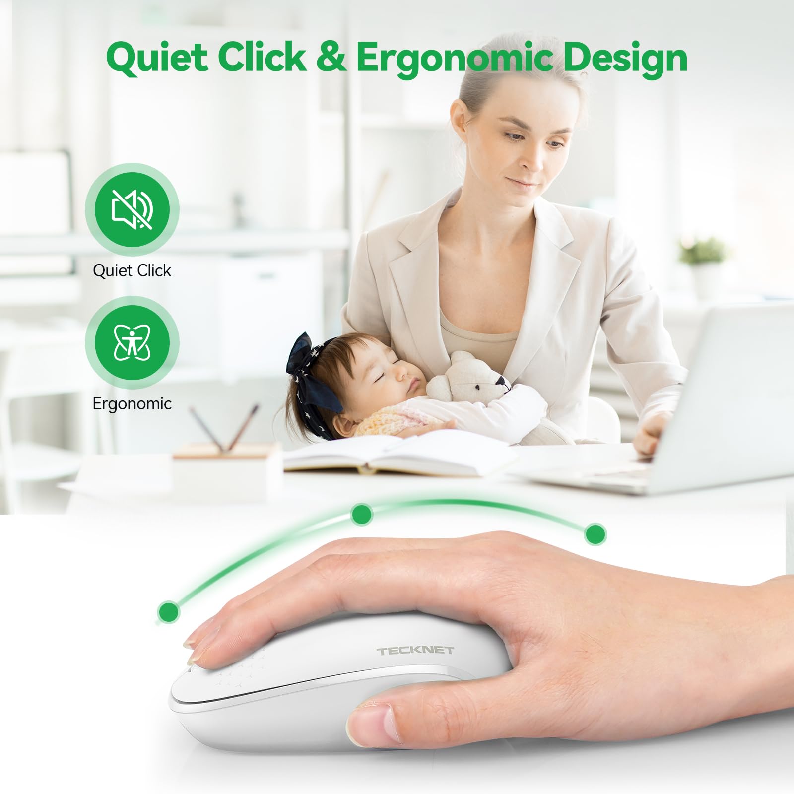 Tecknet Wireless Mouse For Laptop, 2.4G Quiet Computer Mouse With Usb Receiver, 4 Buttons Portable Cordless Mice For Chromebook, Laptop, Pc, Mac, 800/1200/1600 Dpi   White