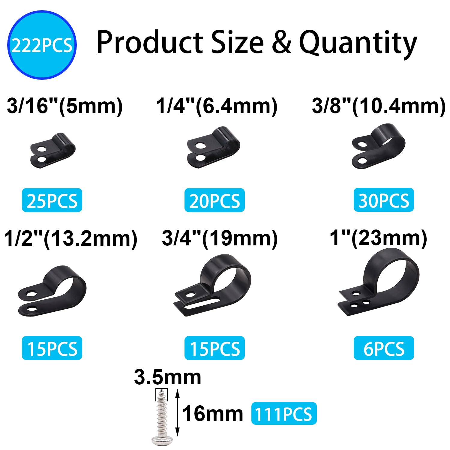 Twtade 222Pcs Black Cable Clamps Assortment Kit,Nylon Plastic R Type 6 Sizes 3/16'' 1/4'' 3/8'' 1/2'' 3/4'' 1'' Cable Mounting W