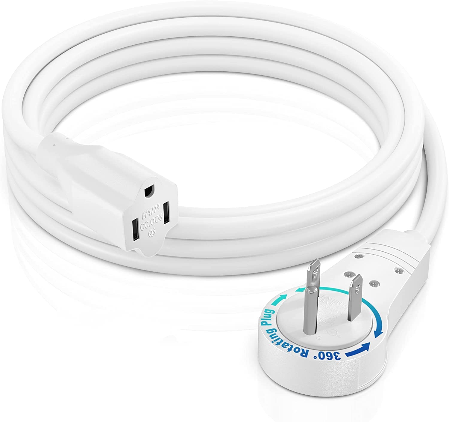 Maximm Extension Cord 6 Foot White Flat Plug, 360� Rotating Short Power Cord Single Outlet, Indoor 16 Gauge 3 Prong Grounded Wire Ul Certified (6Ft White)