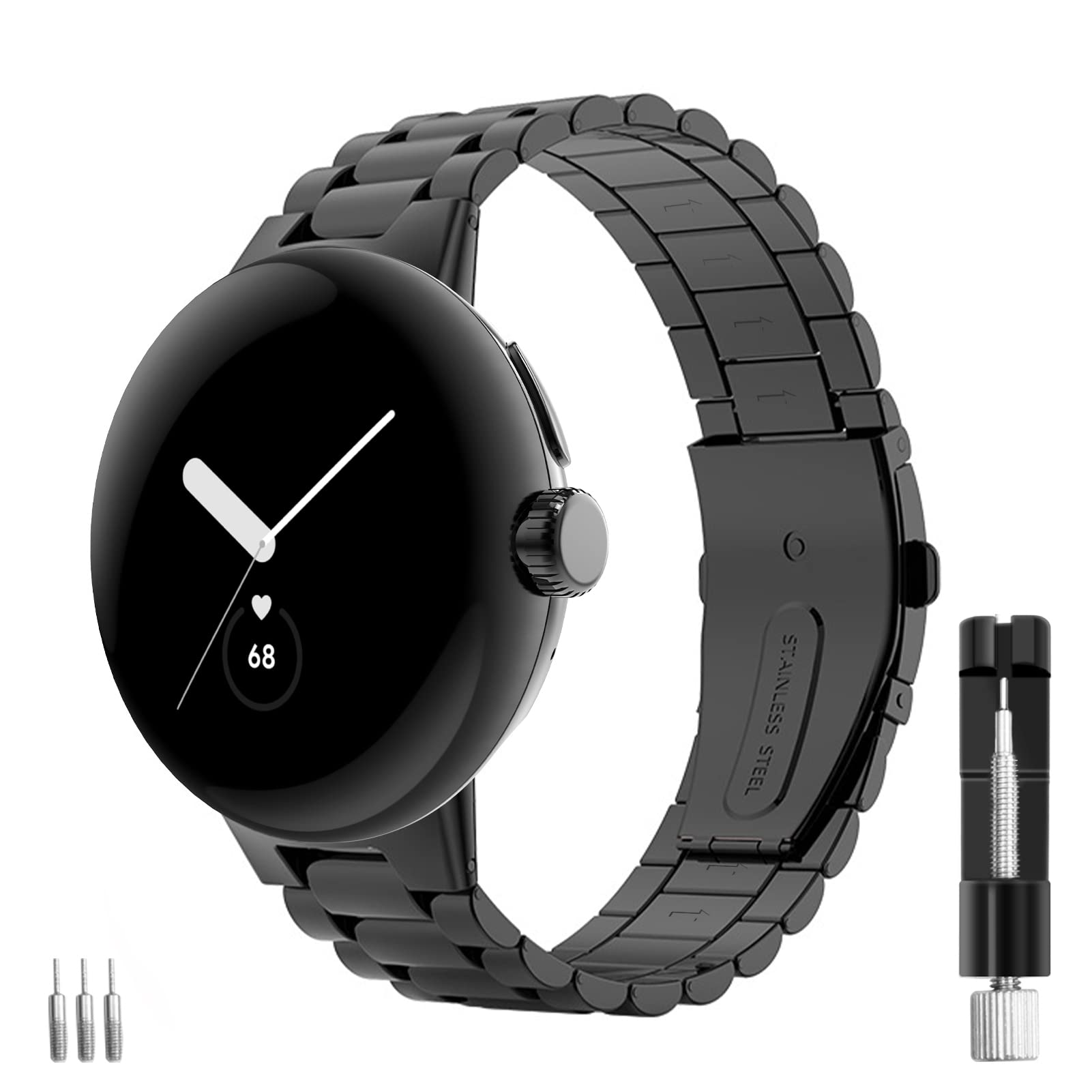 Aresh Compatible With Google Pixel Watch Band Women Men, Stainless Steel Adjustable Metal No Gap Band For Google Pixel Watch Bla