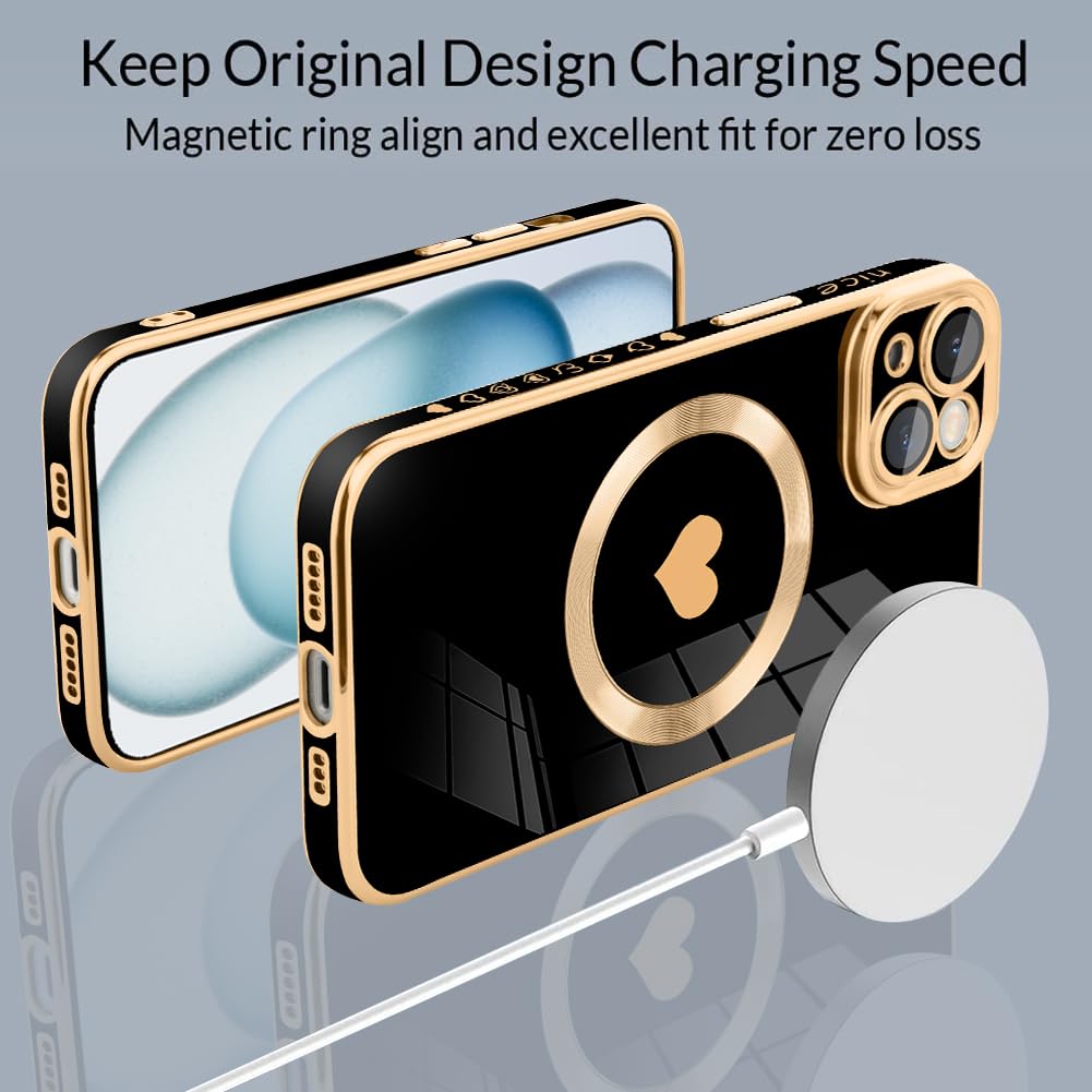 Tharlet Magnetic For Iphone 15 Plus Case [Compatible With Magsafe] Cute Love Luxury Plating Edge Bumper Case With Full Camera Le
